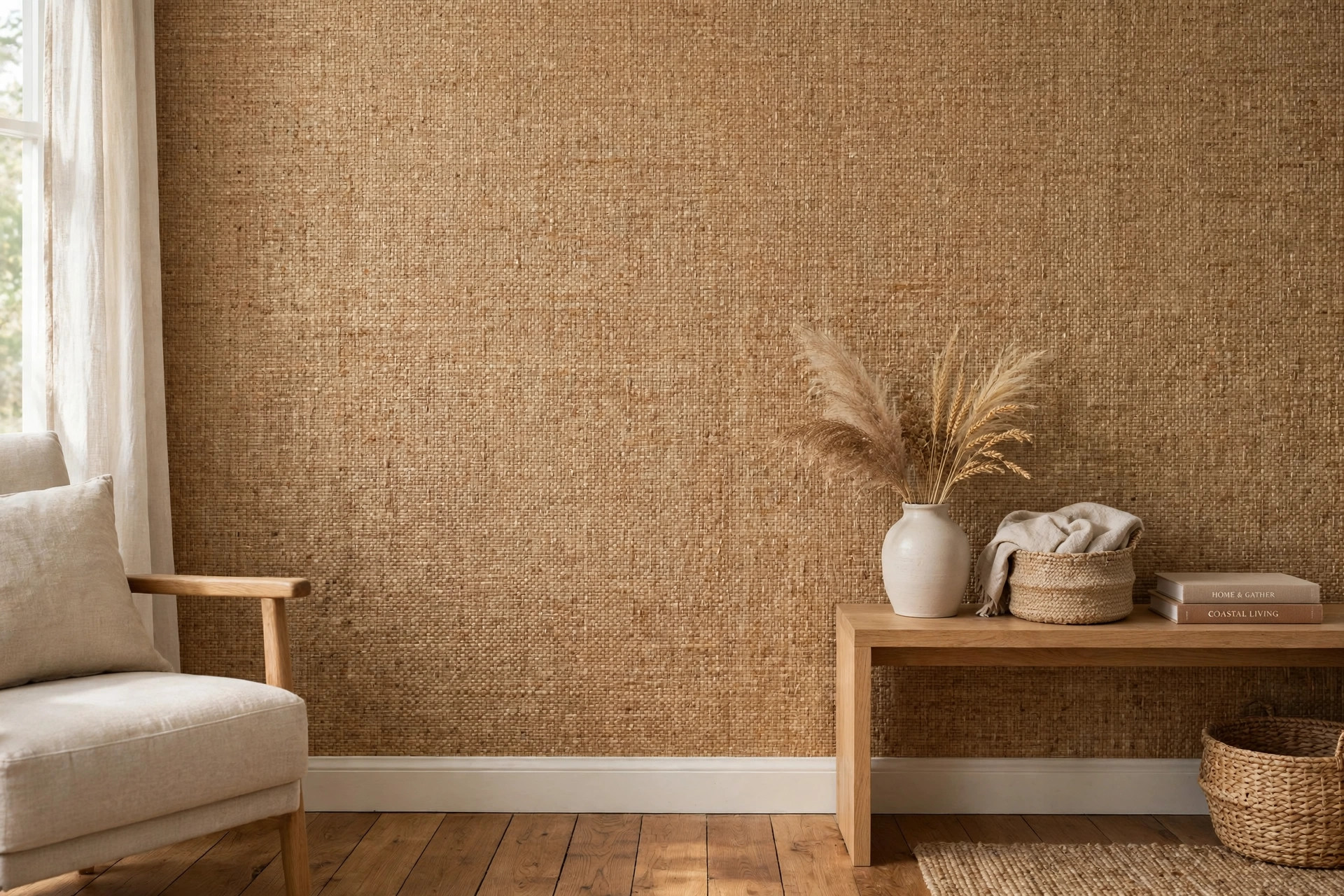 grasscloth wallpaper installation near me: Natural grasscloth wallpaper on a living room wall