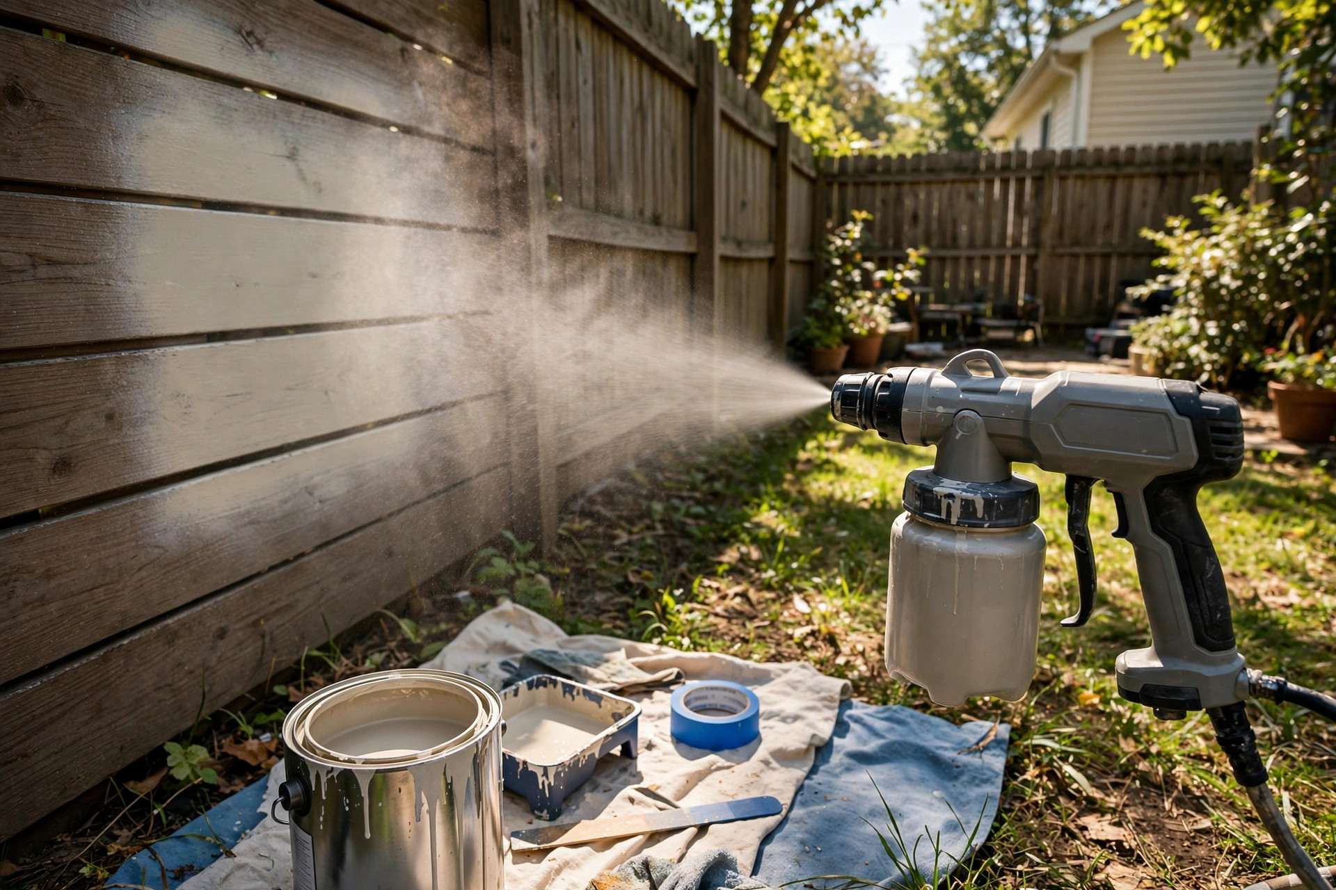 best paint sprayer for home use reviews: A paint sprayer in use on a wooden fence in an American home yard