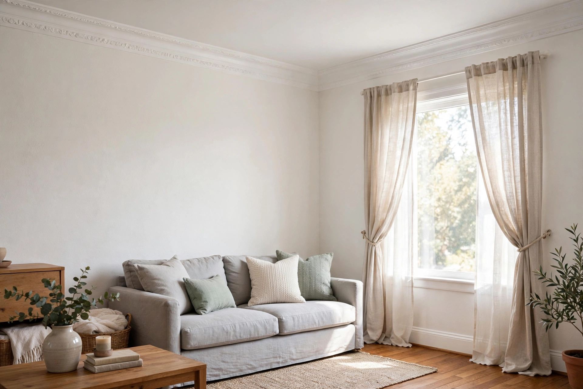 crown molding installation cost per linear foot: Crown molding along the ceiling of a bright American living room