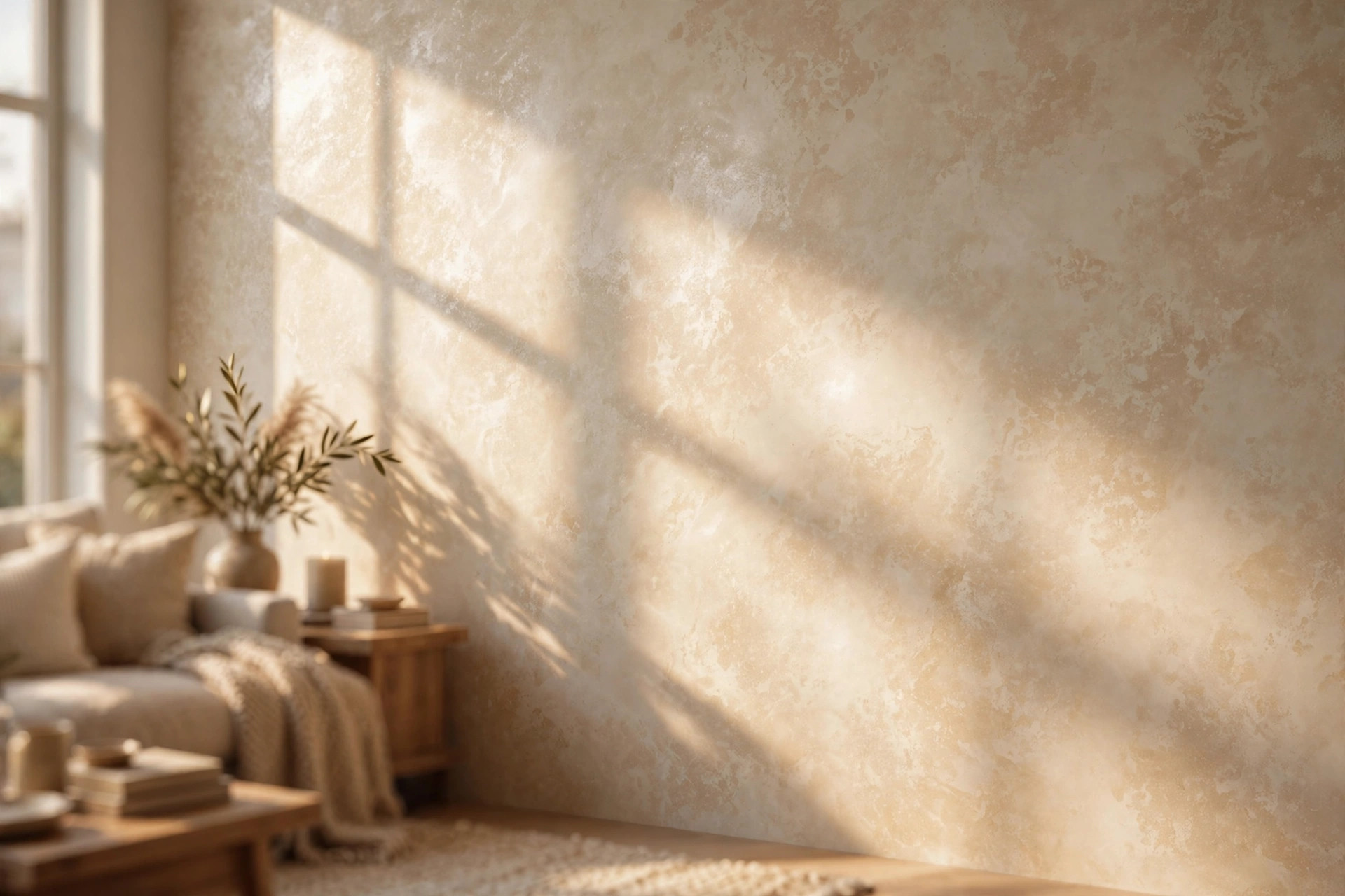 venetian plaster wall finish near me cost: Venetian plaster wall finish with a soft polished sheen in a bright American living room