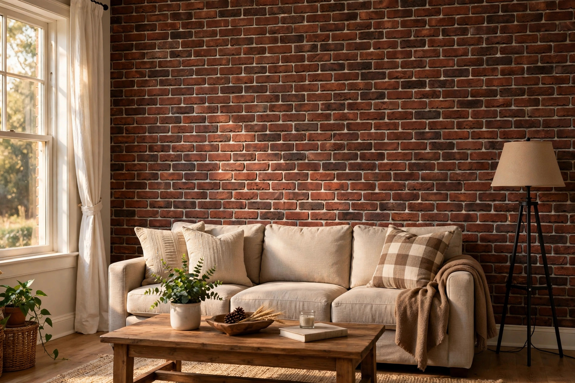 faux brick wall panels for sale usa: Faux brick wall panels installed on a living room accent wall in an American home