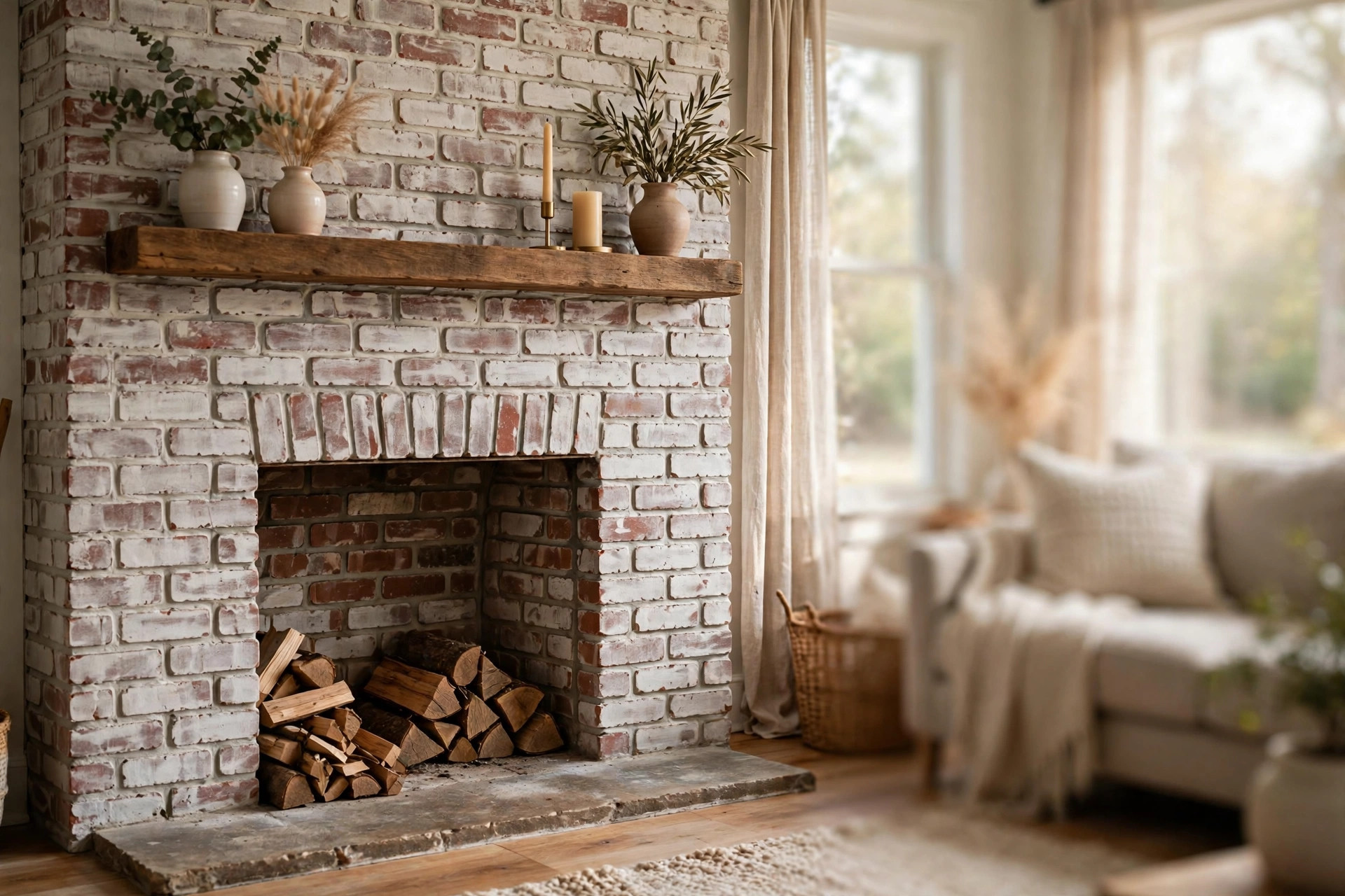 whitewash brick fireplace cost near me: Whitewashed brick fireplace in an American living room