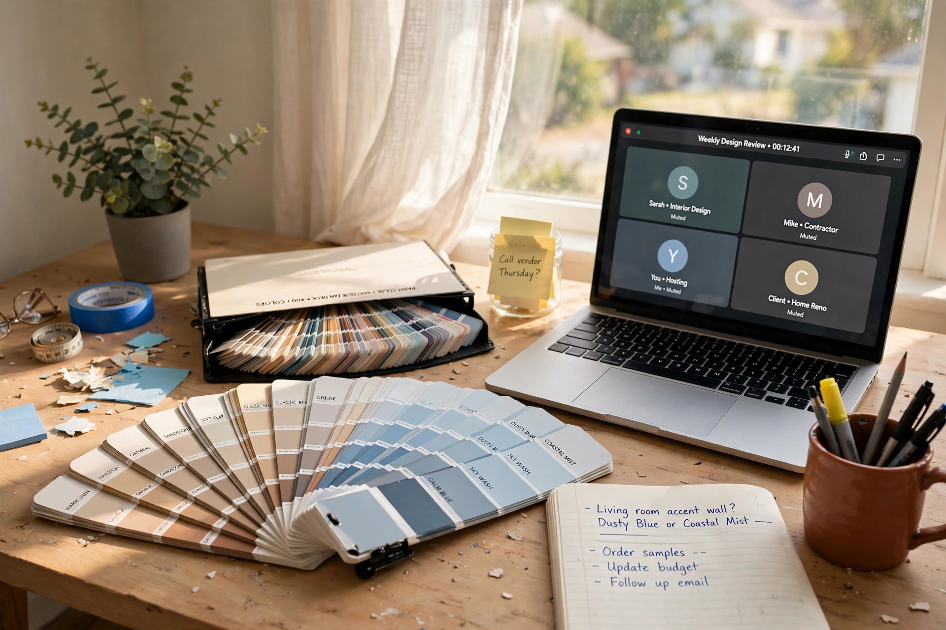 Paint color swatches for a paint color consultation service online usa arranged on a home office desk