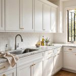 spray painting kitchen cabinets cost near me: Freshly spray painted white kitchen cabinets with smooth satin finish, no people