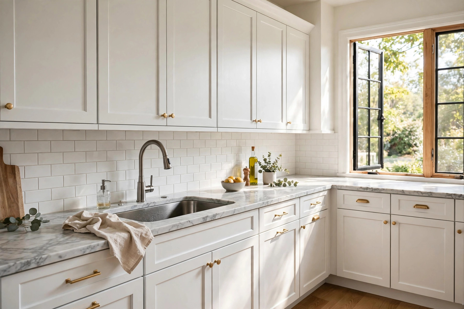 spray painting kitchen cabinets cost near me: Freshly spray painted white kitchen cabinets with smooth satin finish, no people