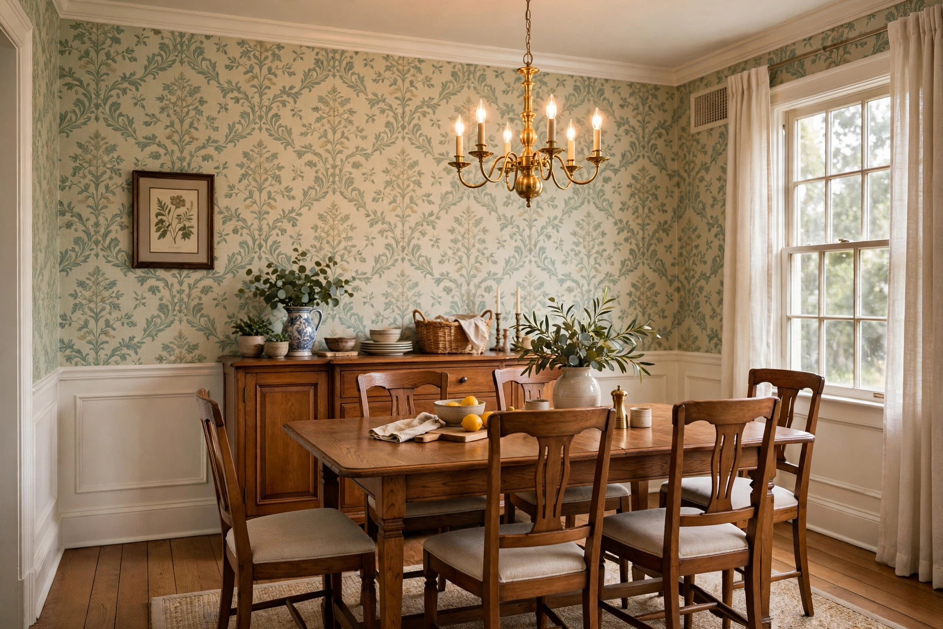 wallpaper installer near me for dining rooms: Fresh wallpaper in a classic American dining room