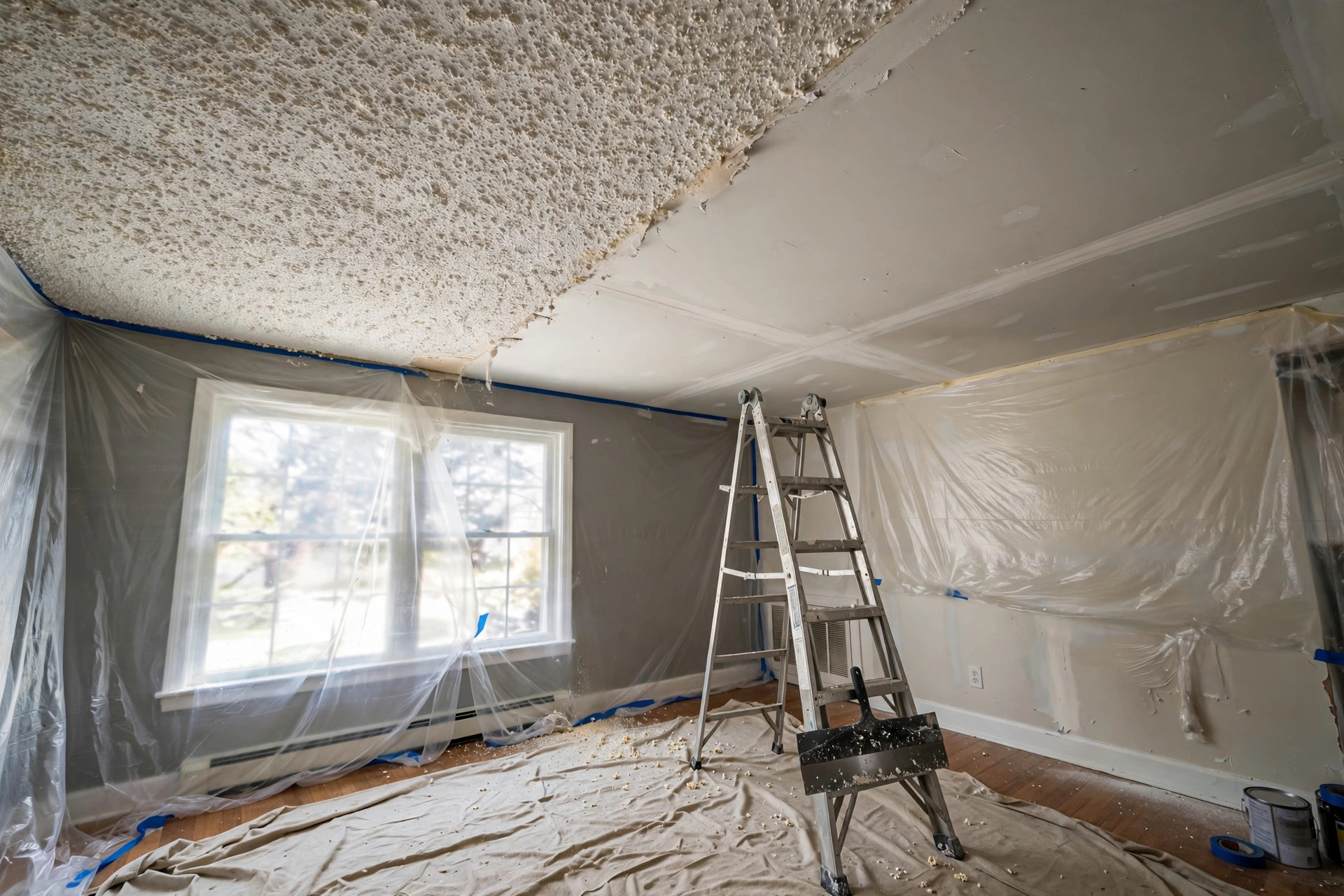 popcorn ceiling removal cost near me: Contractor scraping a popcorn ceiling during popcorn ceiling removal in an American living room
