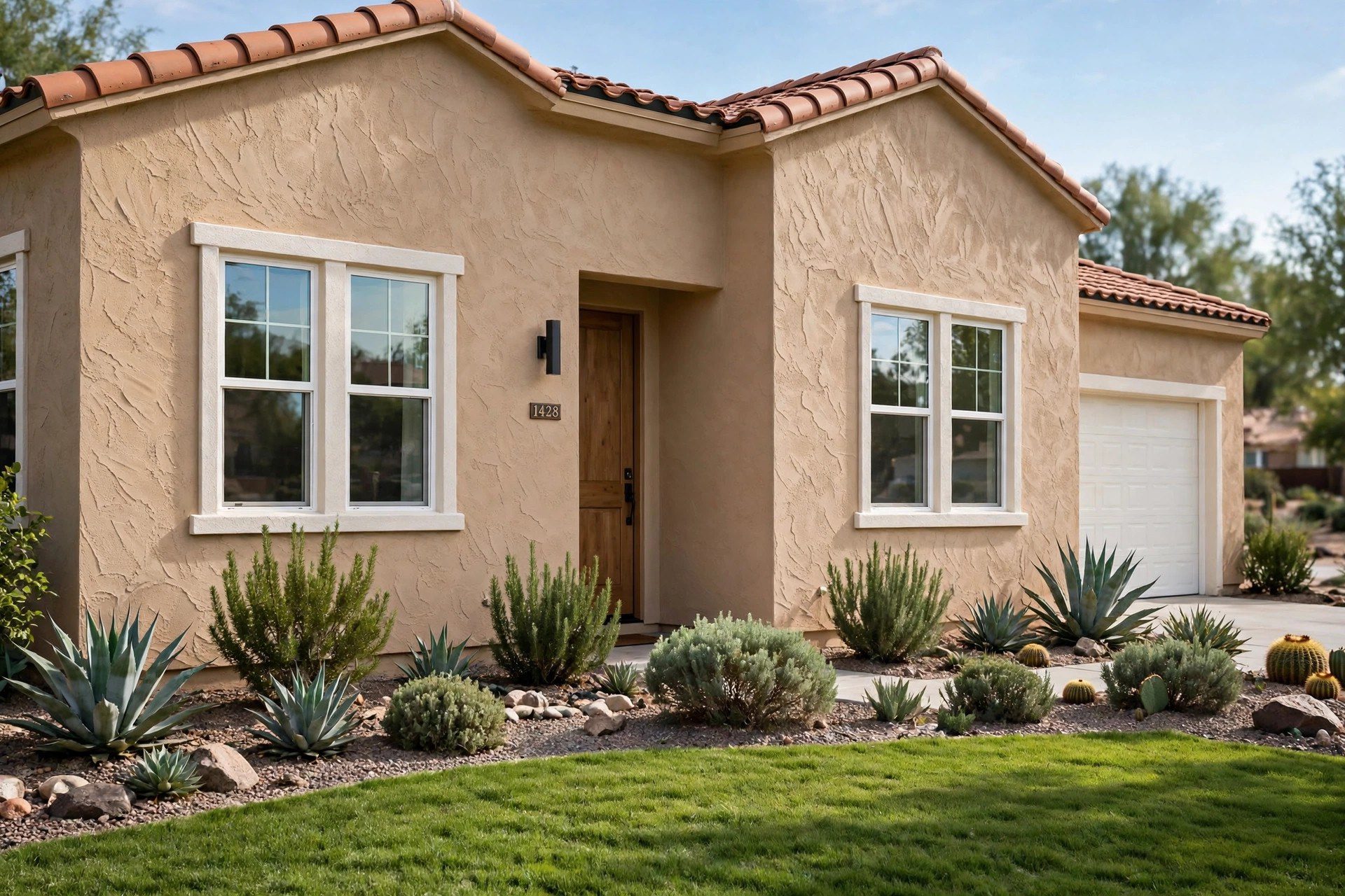 Best exterior paint for stucco homes usa shown on a freshly painted suburban home