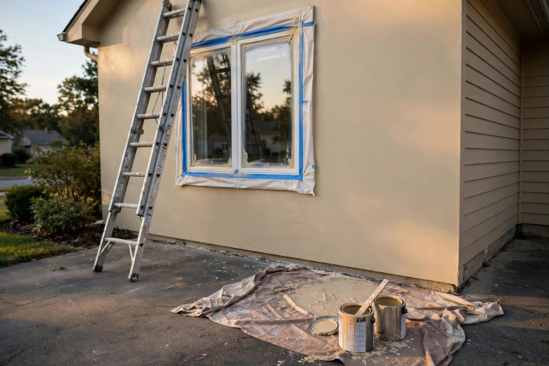 house painting estimate free near me: A painter's ladder and paint cans beside a freshly painted American house exterior, shown in a free house painting estimate