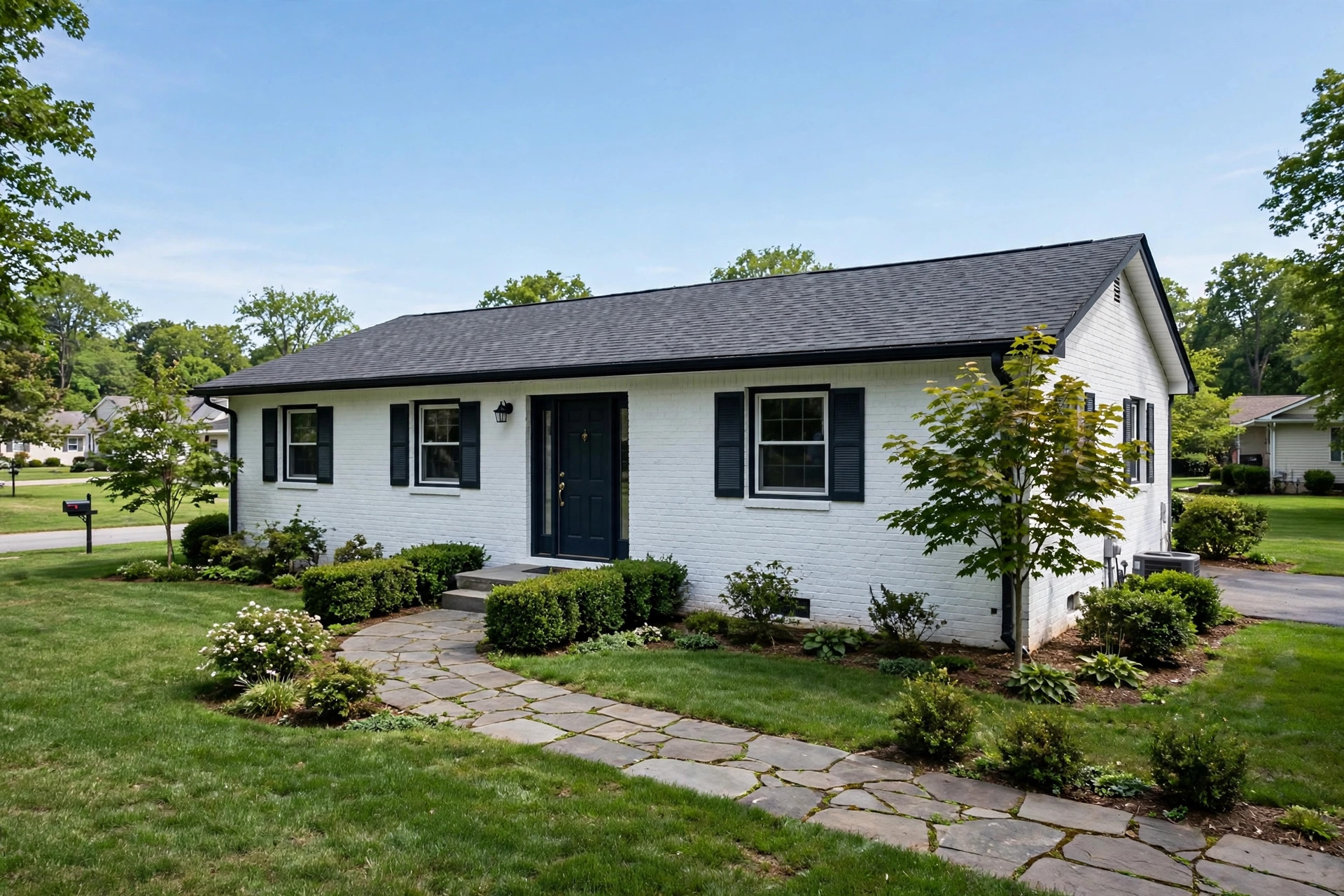 painting brick house pros and cons usa: Painted white brick house in an American neighborhood