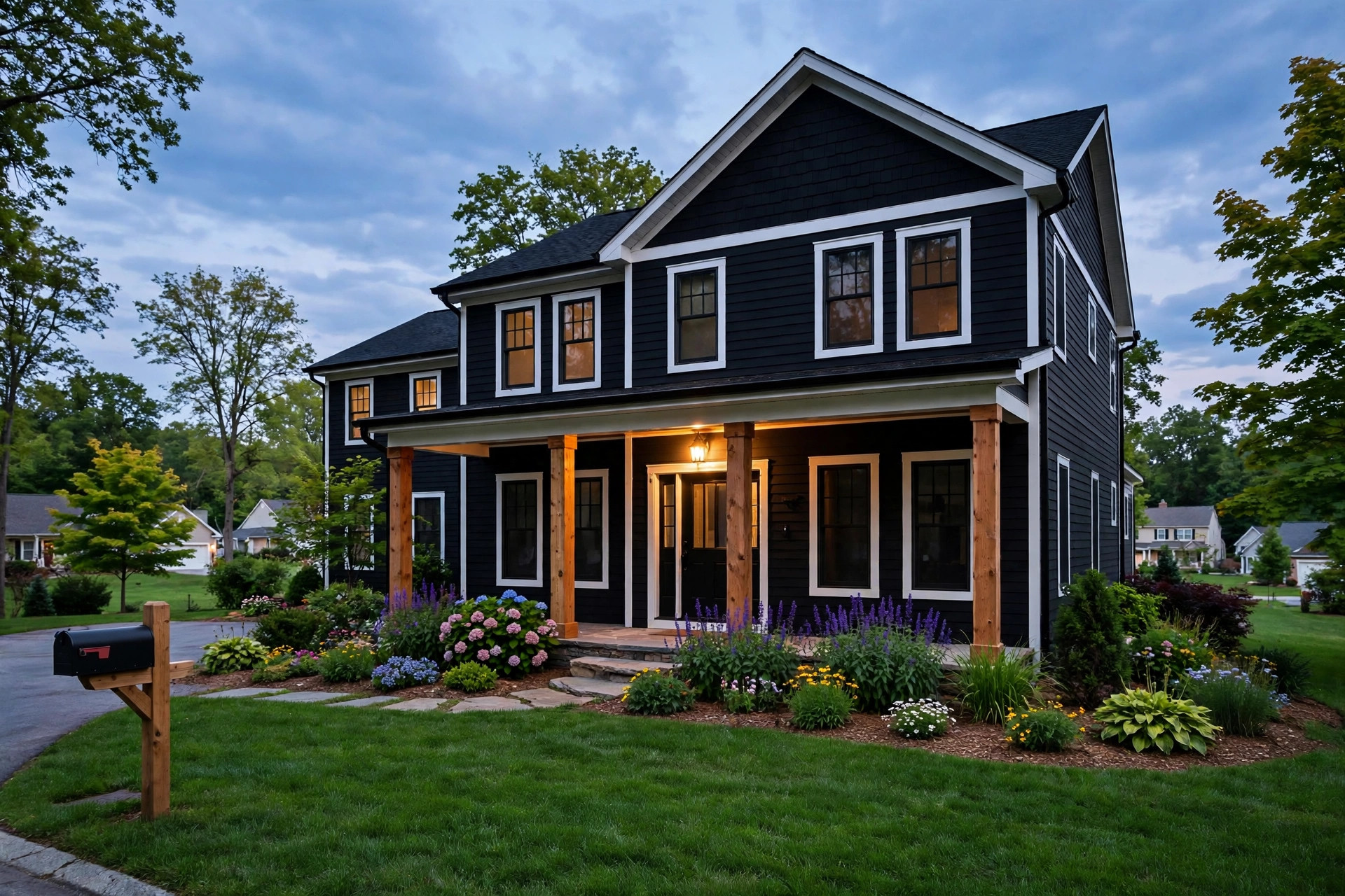 Black exterior house paint ideas USA shown on a dark painted home with white trim