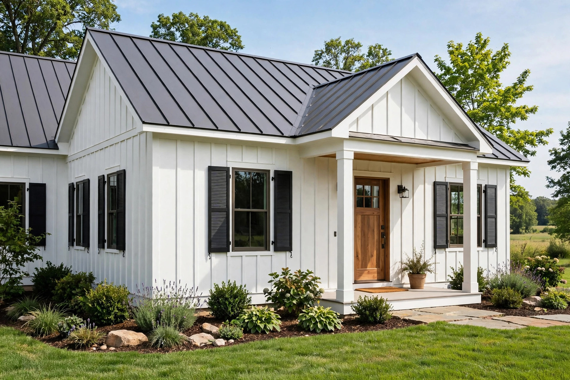 modern farmhouse paint colors exterior usa: Modern farmhouse exterior home painted in a classic white shade with black shutters in the USA