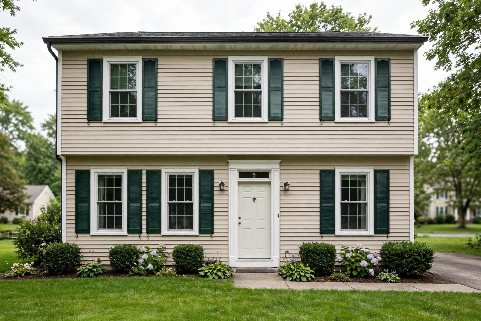Freshly painted house shutters in dark green with the focus keyword best paint for shutters reviews usa