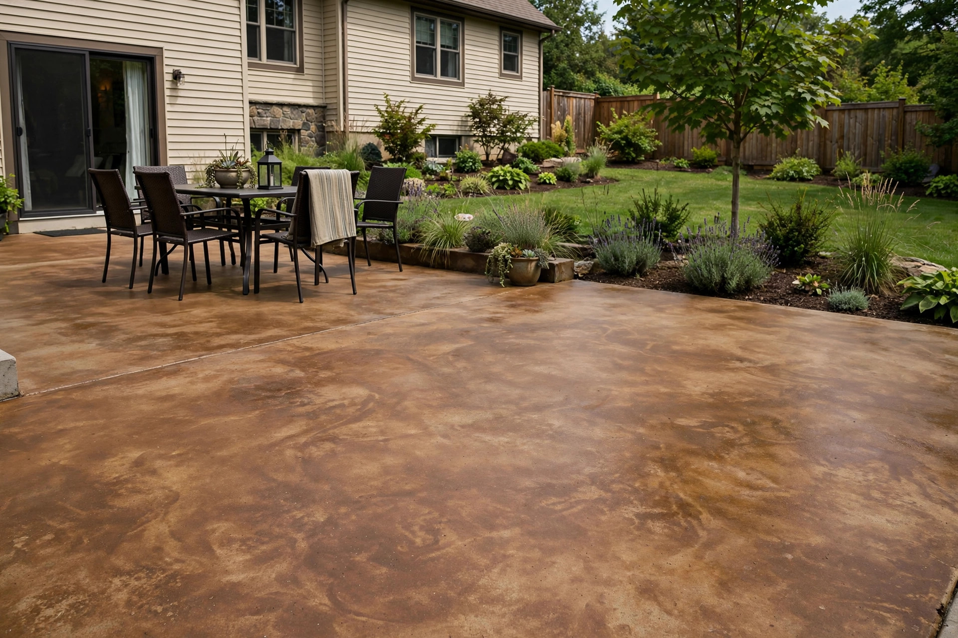 concrete stain for patio reviews usa: Concrete stain color test on an American backyard patio