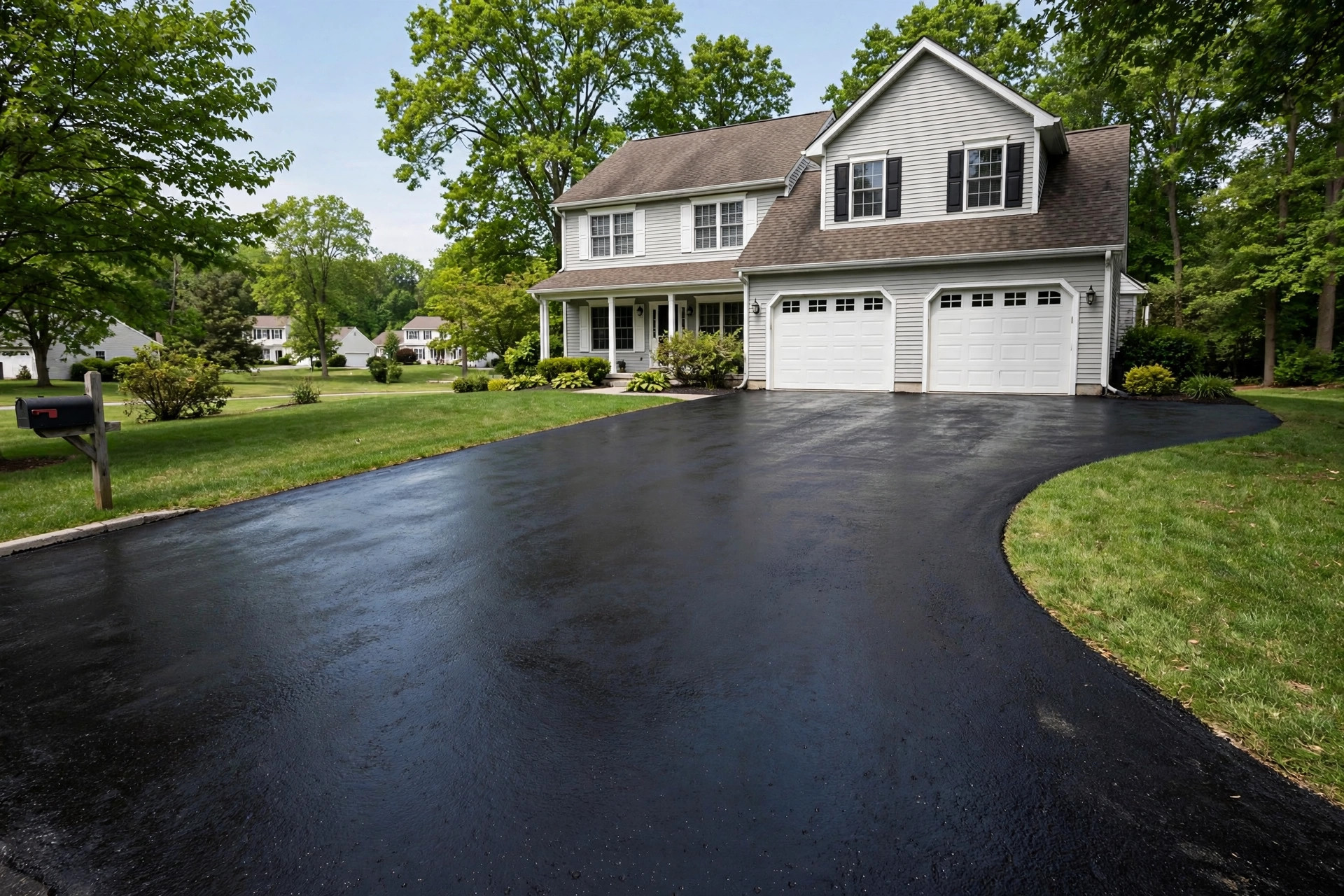asphalt driveway sealcoating cost near me: Freshly sealcoated asphalt driveway with a deep black finish