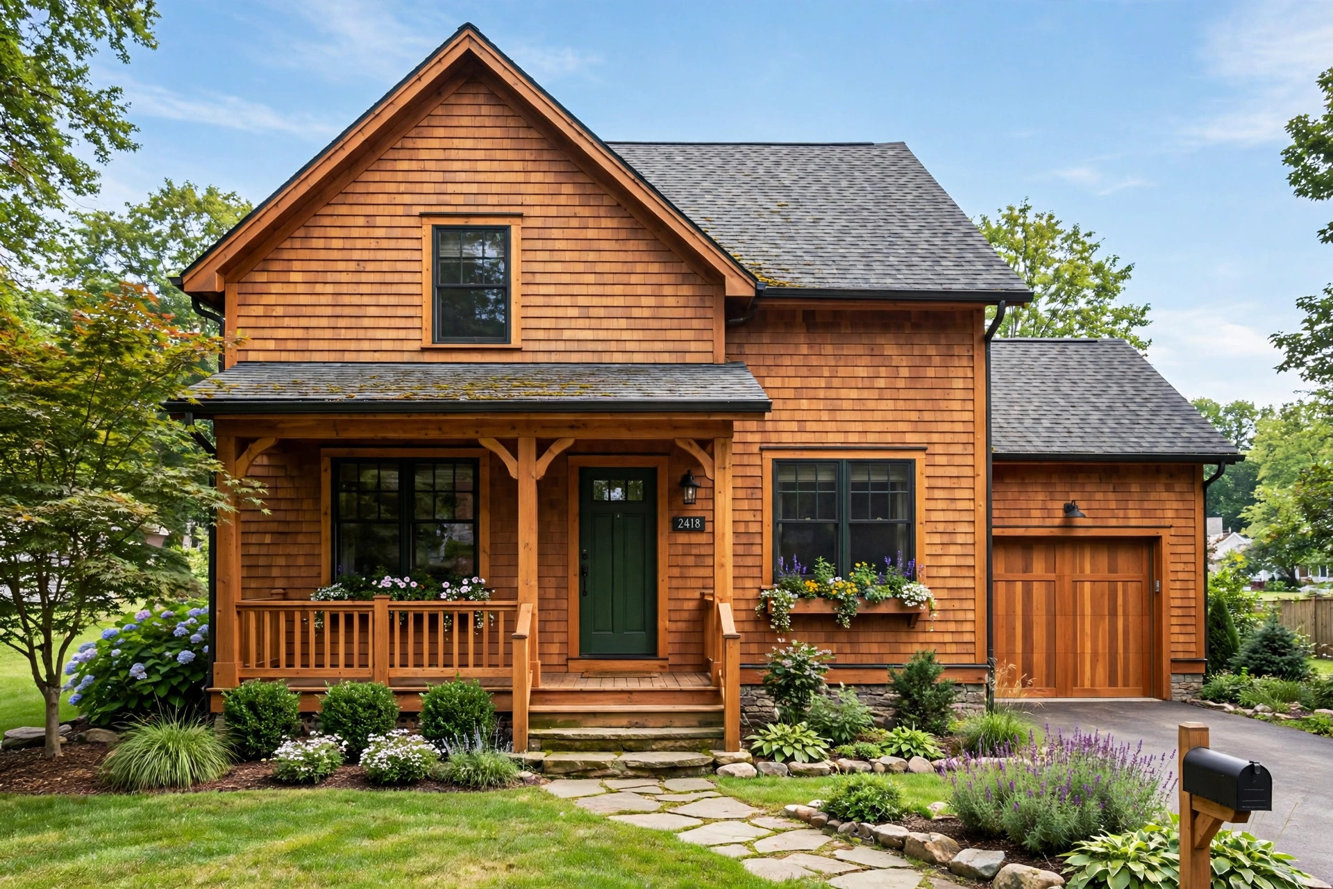 cedar siding stain colors for usa homes: A cedar sided American home with a warm natural stain color