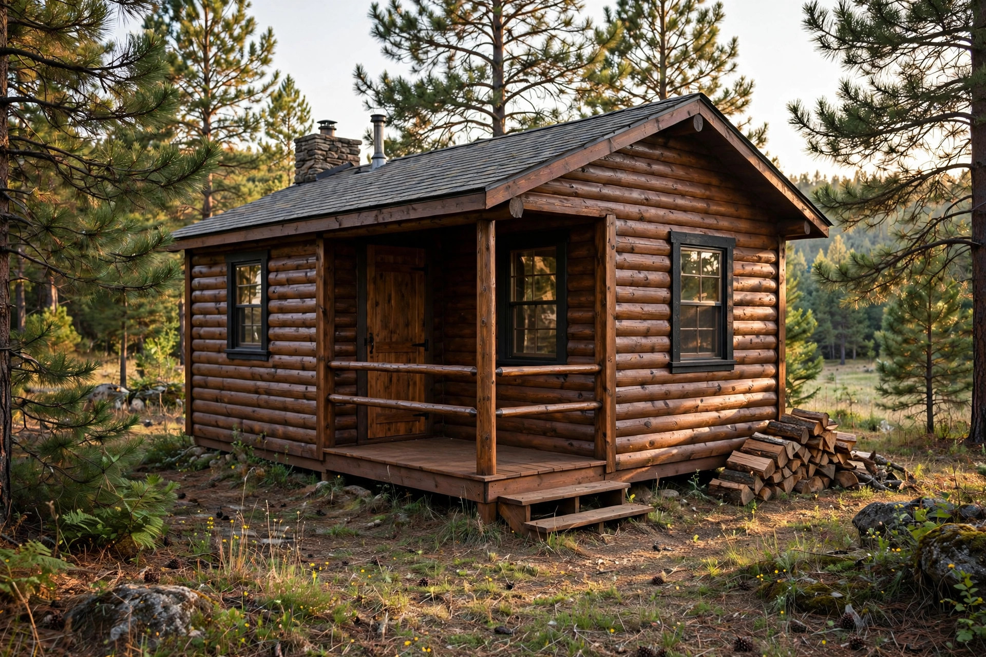 log cabin staining cost near me: Freshly stained log cabin exterior surrounded by pine trees in an American yard