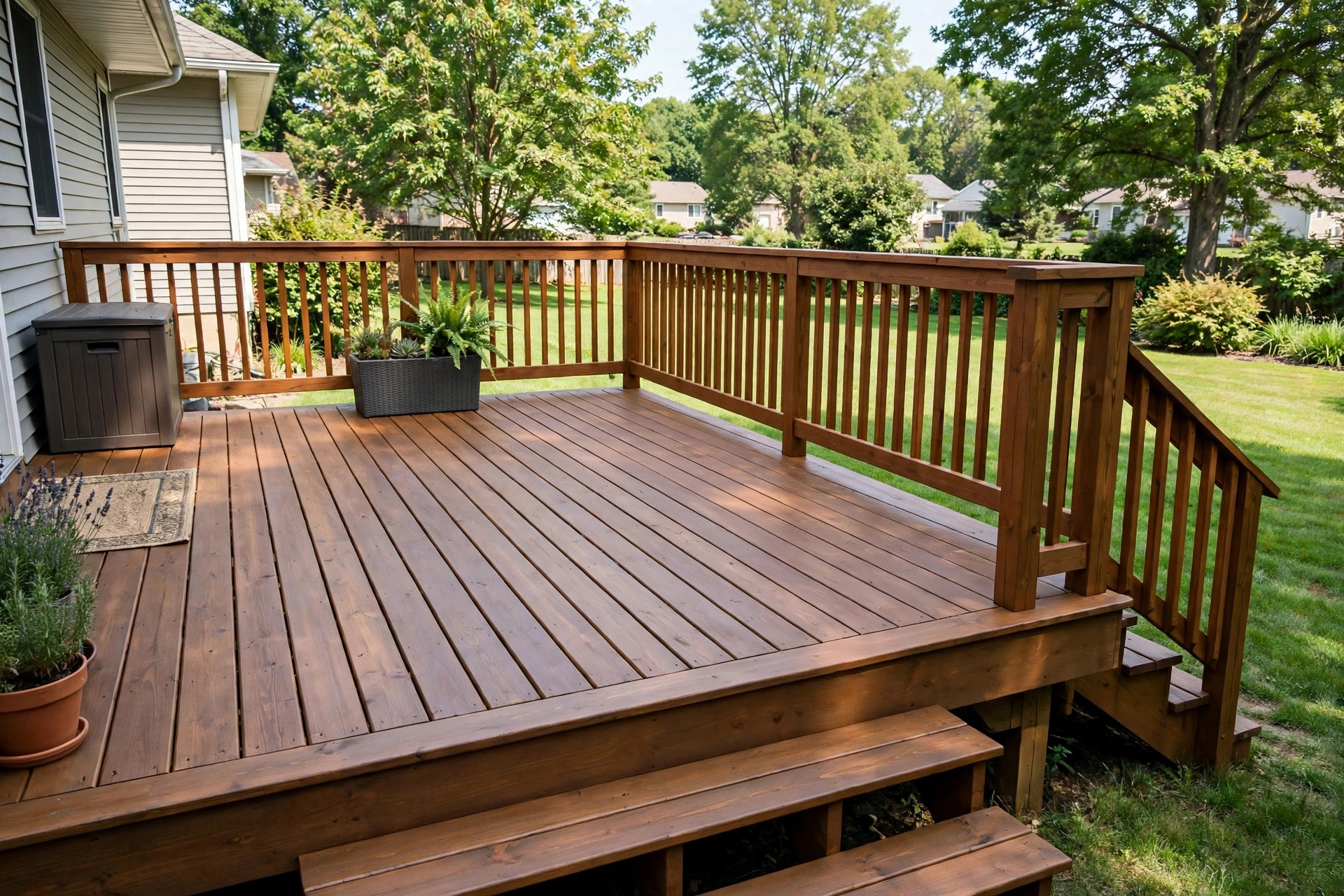 Solid stain vs paint for deck usa guide: a freshly finished wood deck in an American backyard