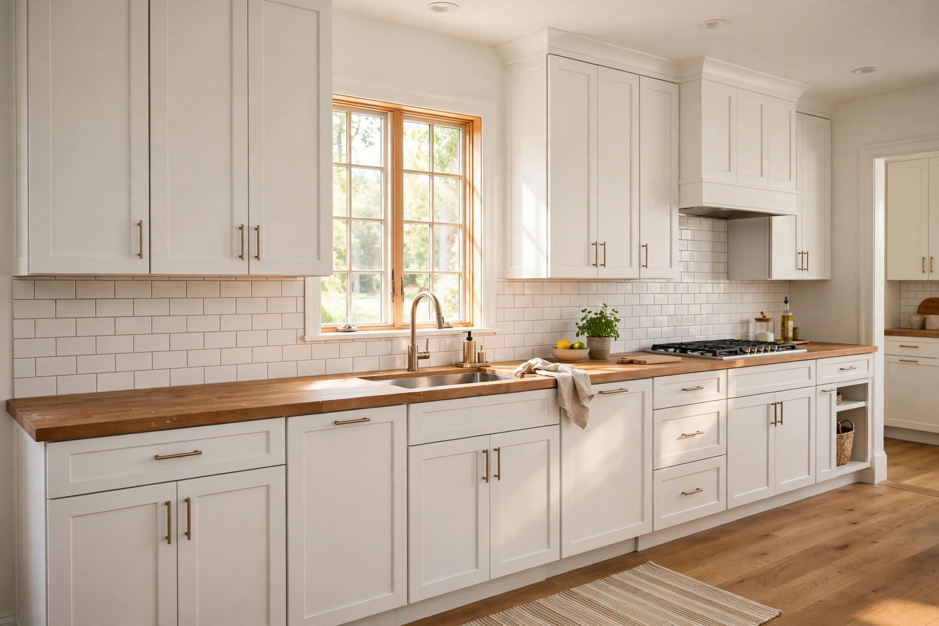 painting kitchen cabinets white cost usa: Painted white kitchen cabinets in a bright American kitchen