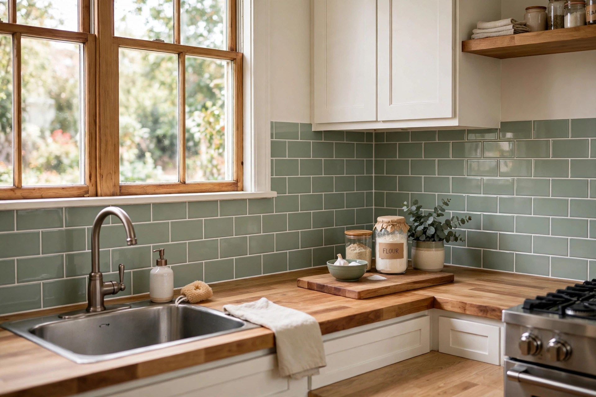 painted tile backsplash pros cons usa: Painted tile backsplash in a bright American kitchen