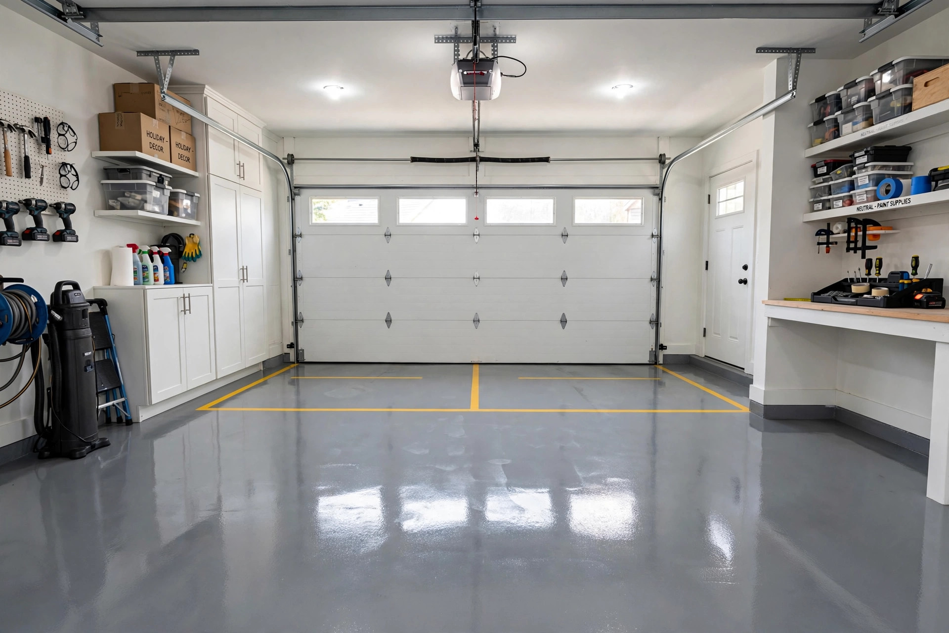 Epoxy garage floor cost per square foot: gray epoxy-coated garage floor in an American home