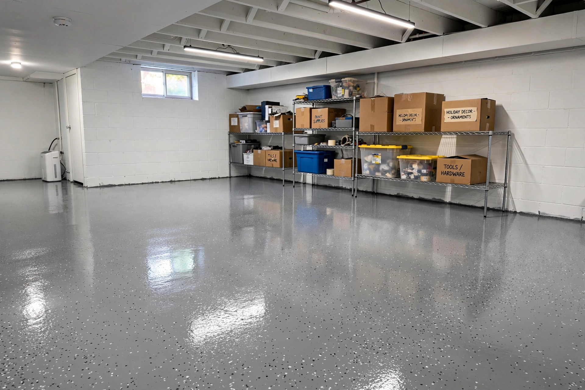 Basement floor epoxy kit for sale usa — glossy gray epoxy coating on a clean basement concrete floor