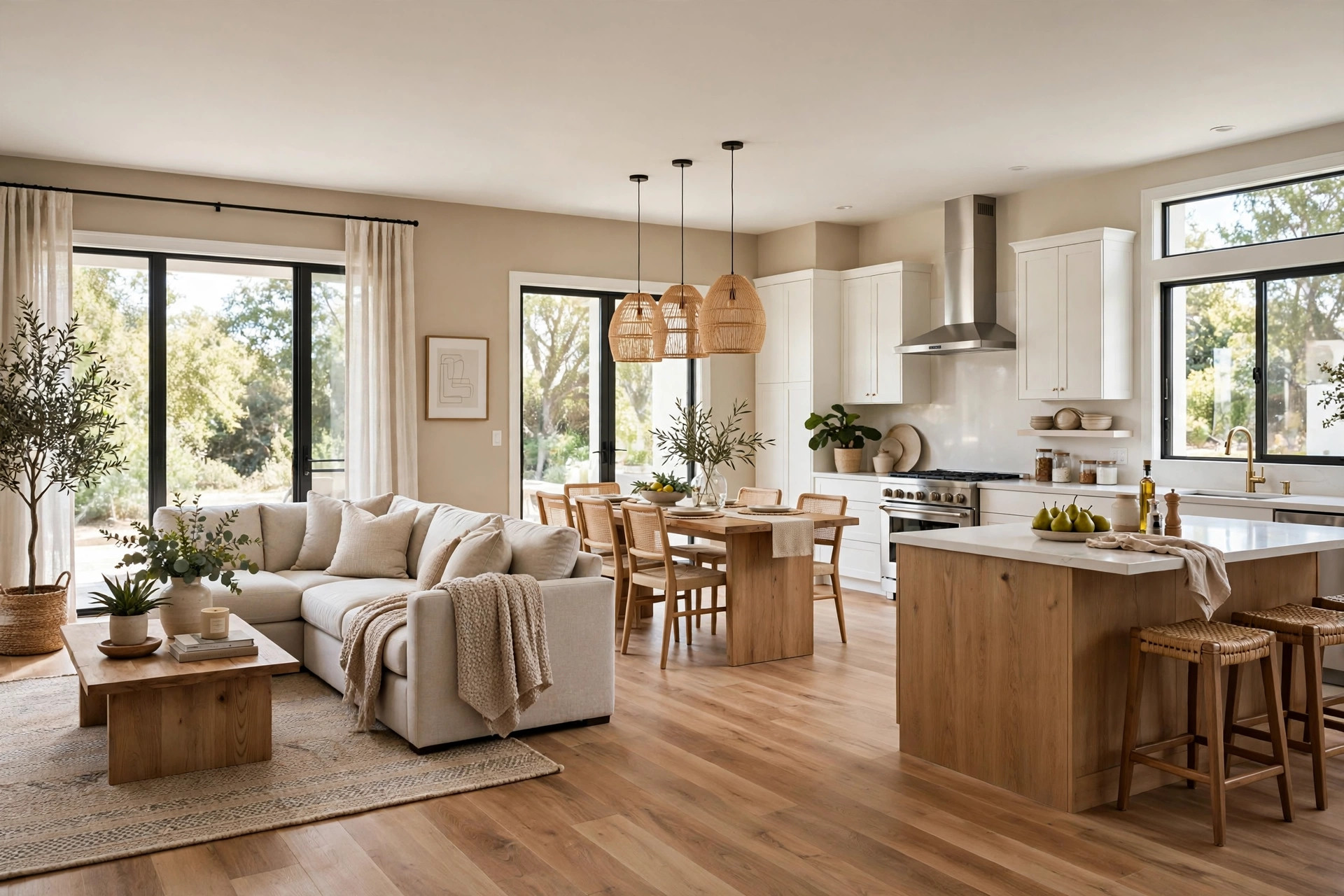greige paint colors for open floor plans: Open floor plan living area painted in warm greige paint colors