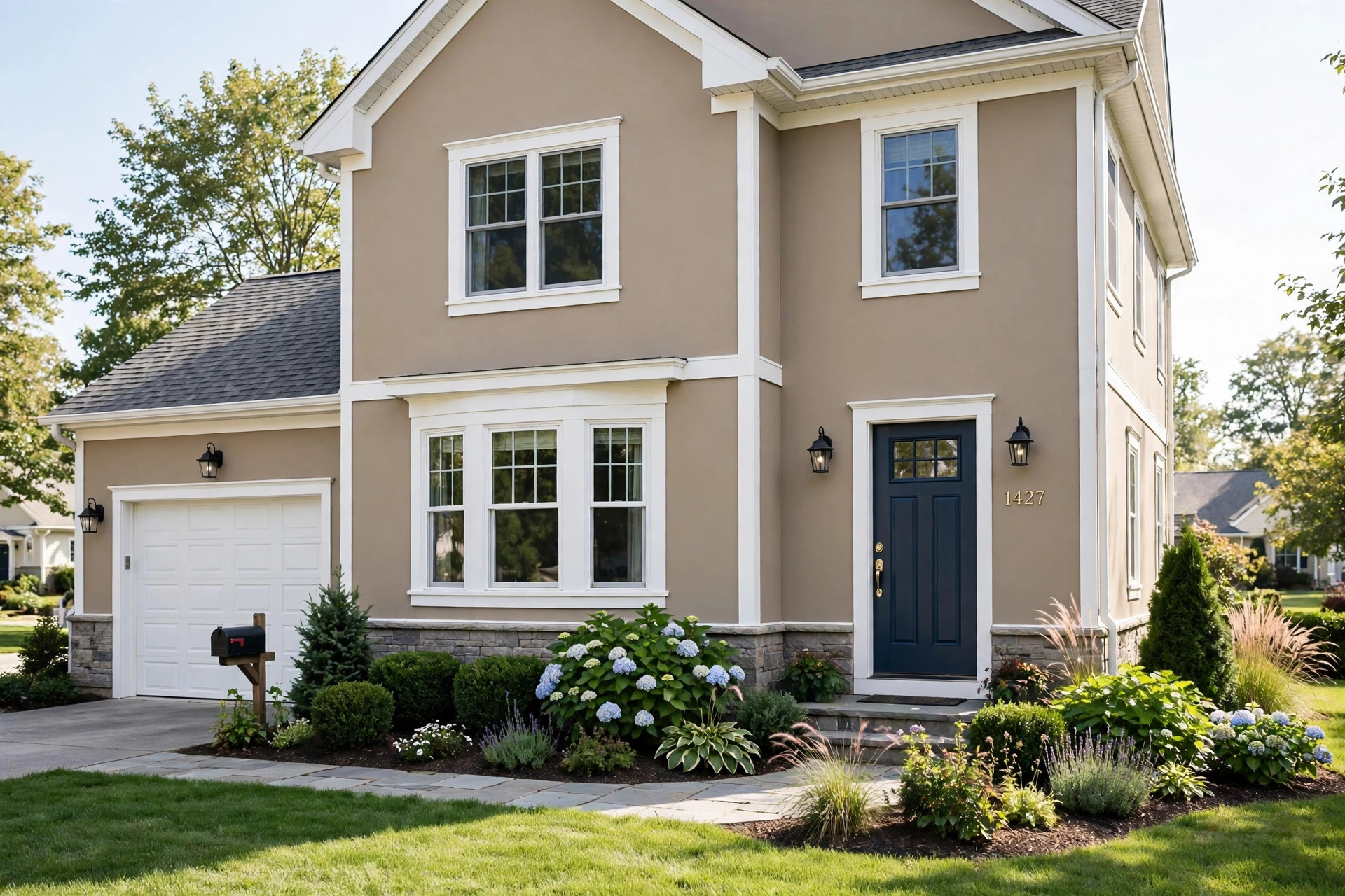Front of an American home painted with Sherwin Williams exterior paint colors 2026