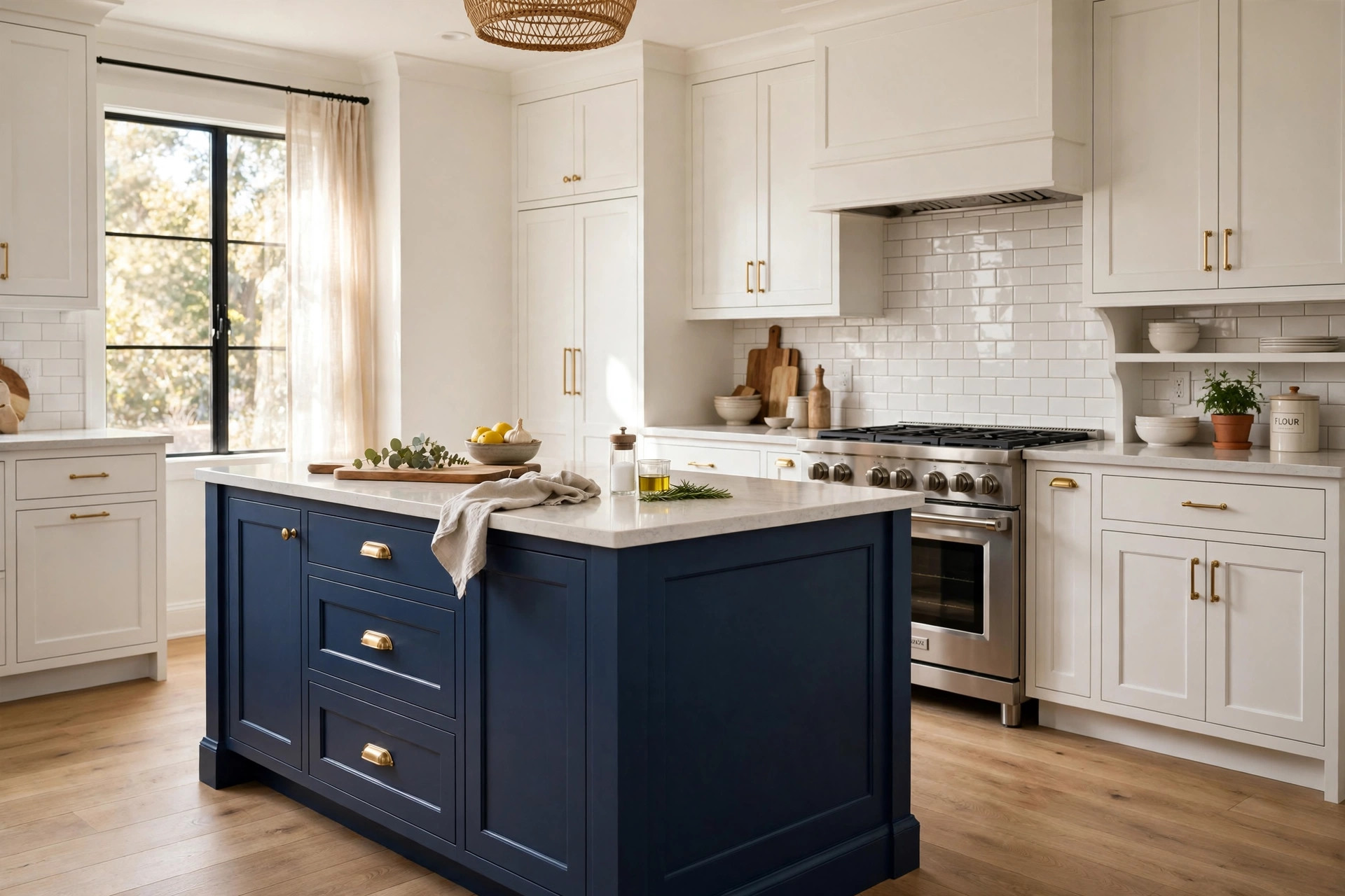 navy blue paint for kitchen island usa: Navy blue painted kitchen island in an American kitchen