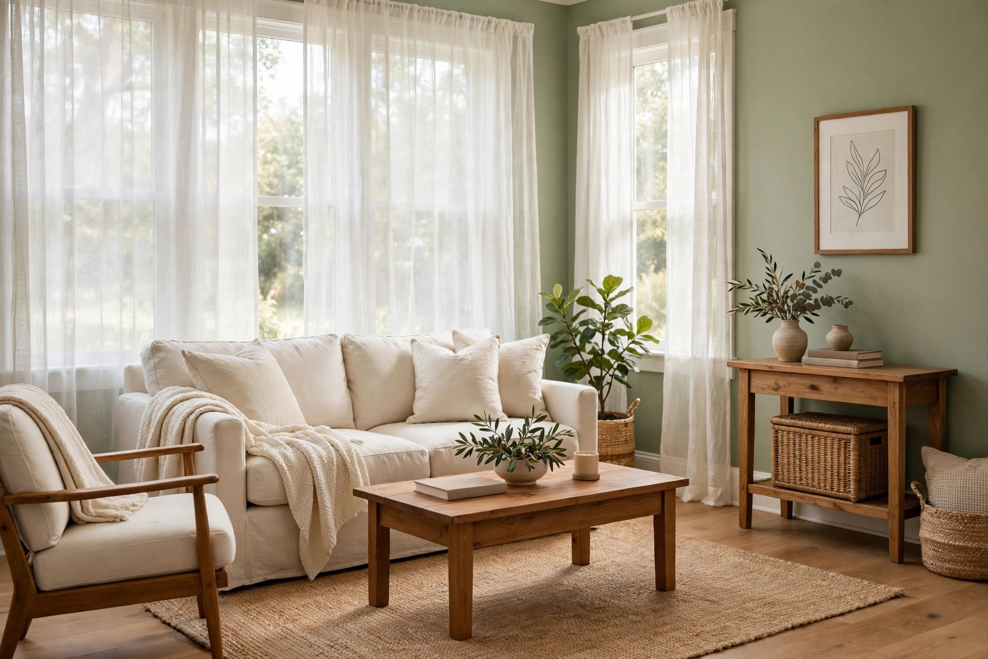 sage green paint for living room usa: Sage green painted living room with natural wood furniture