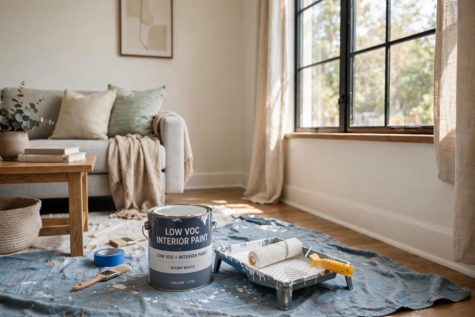 Low VOC interior paint can on a tray in a freshly painted living room, the focus keyword topic: low voc interior paint brands usa reviews