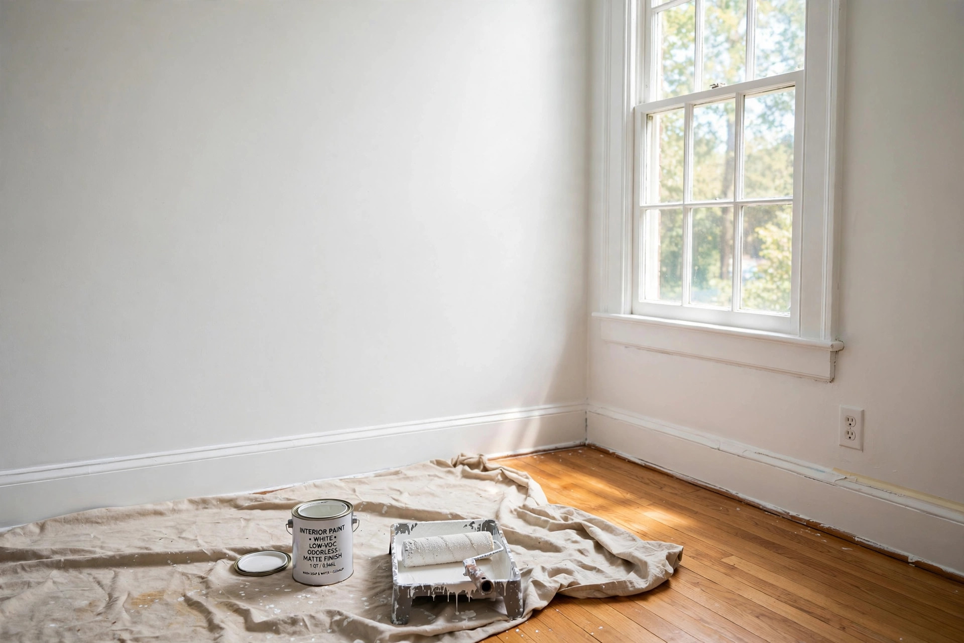 odorless paint for indoor use reviews usa: Freshly painted bedroom wall in soft white odorless paint for indoor use