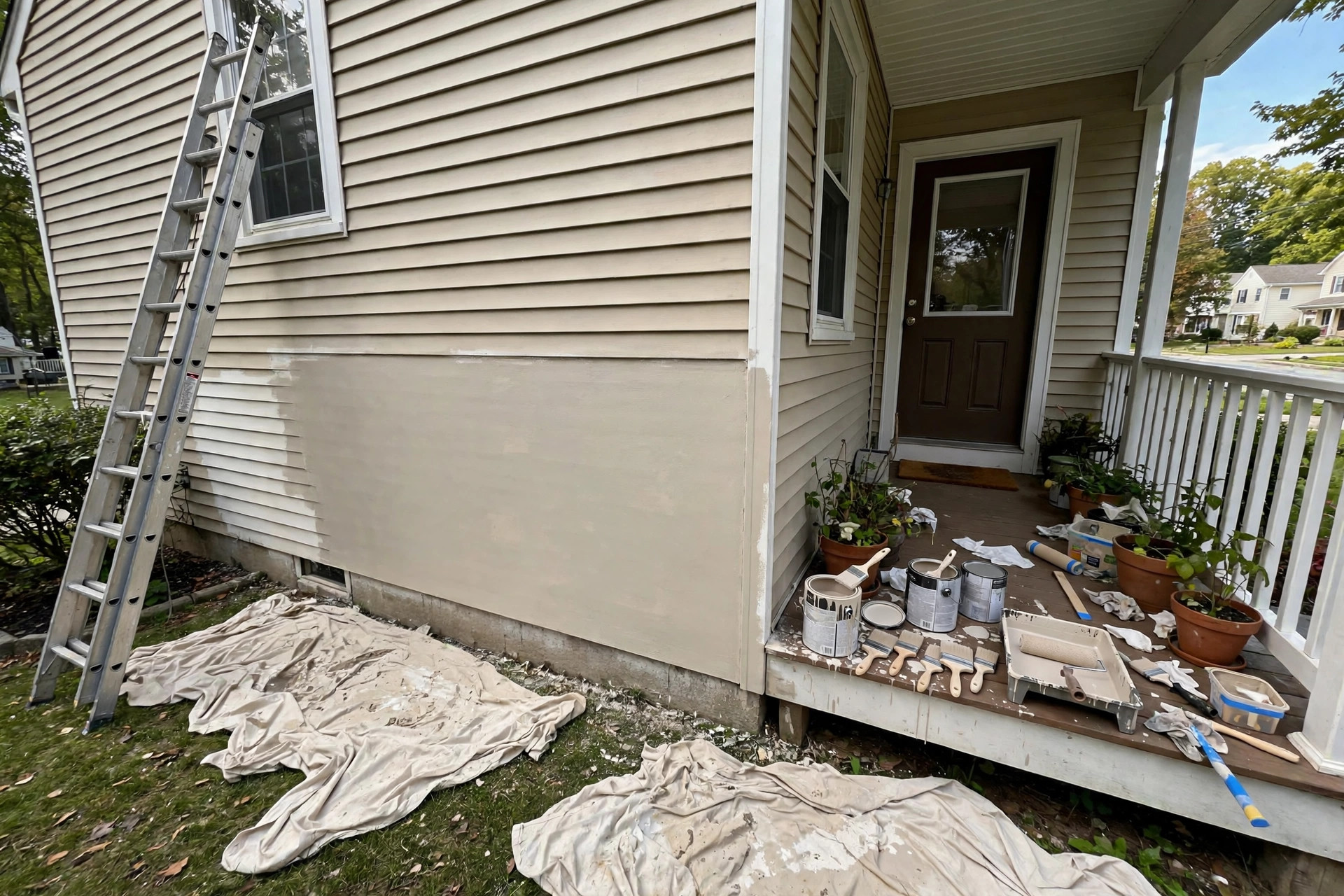 House painter hourly rate near me 2026 guide showing a home exterior being repainted