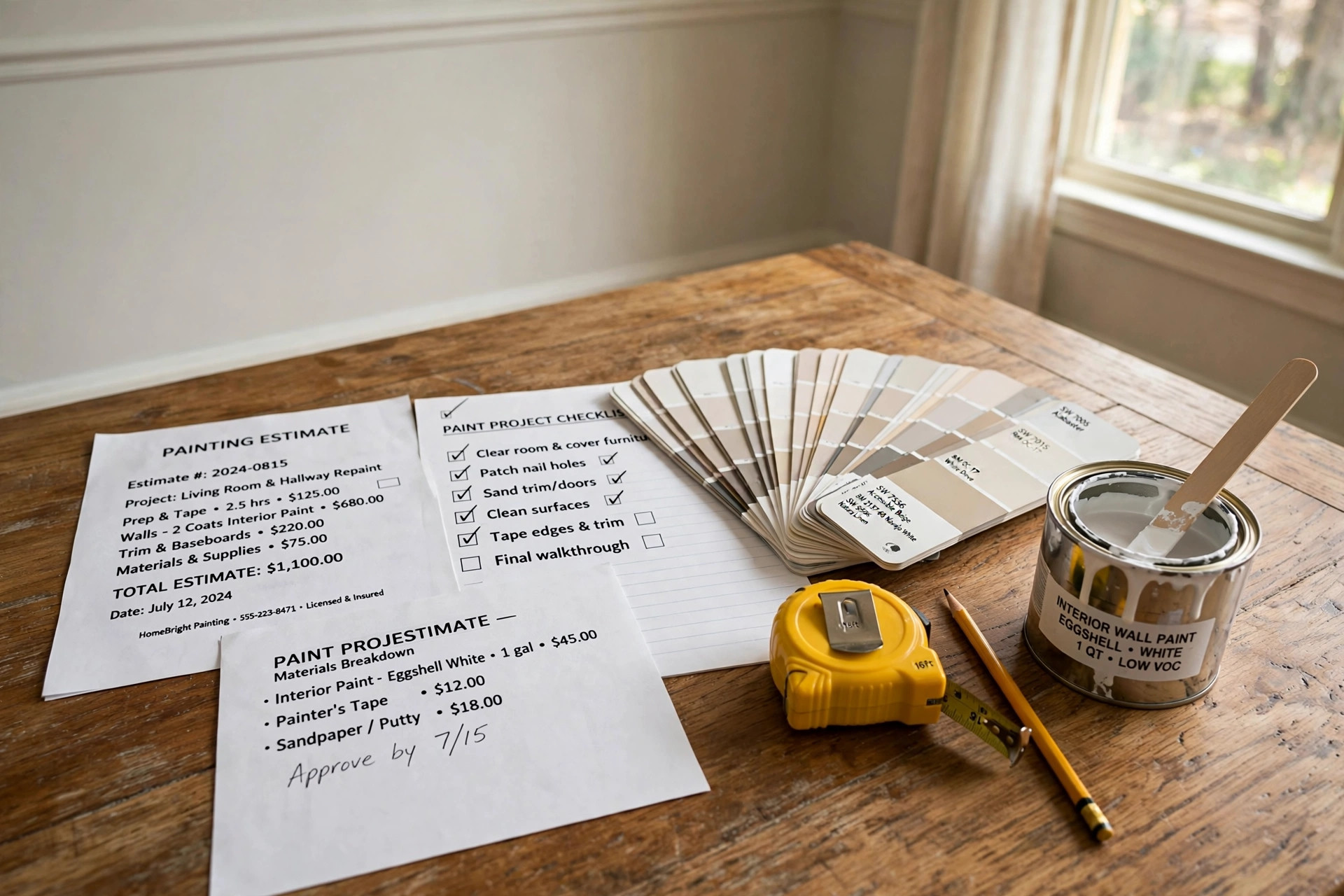 painting quote comparison checklist for homeowners: Comparing painting quotes on a checklist with paint swatches