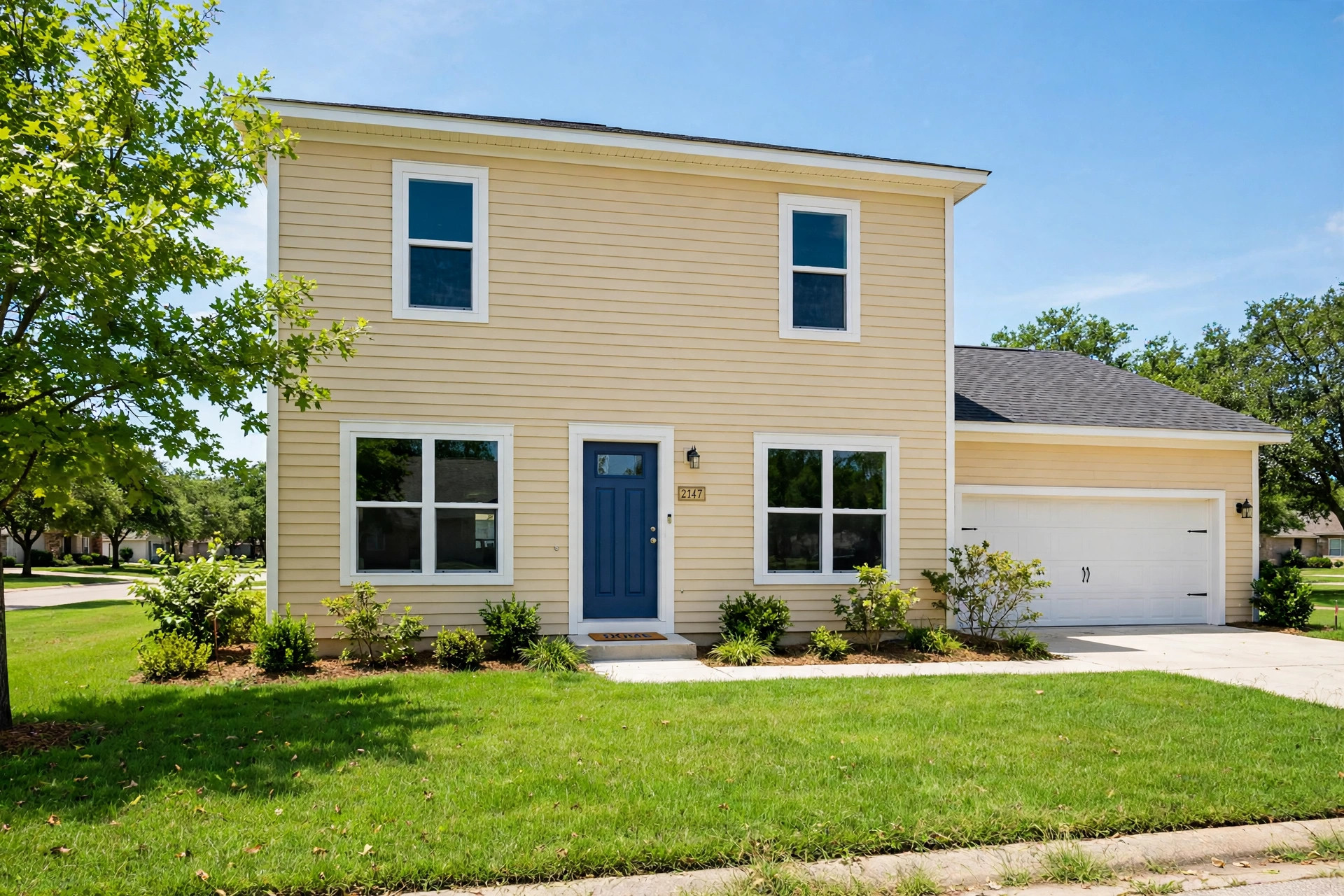 house painting cost in texas reviews: A freshly painted Texas home with a blue front door and neat lawn