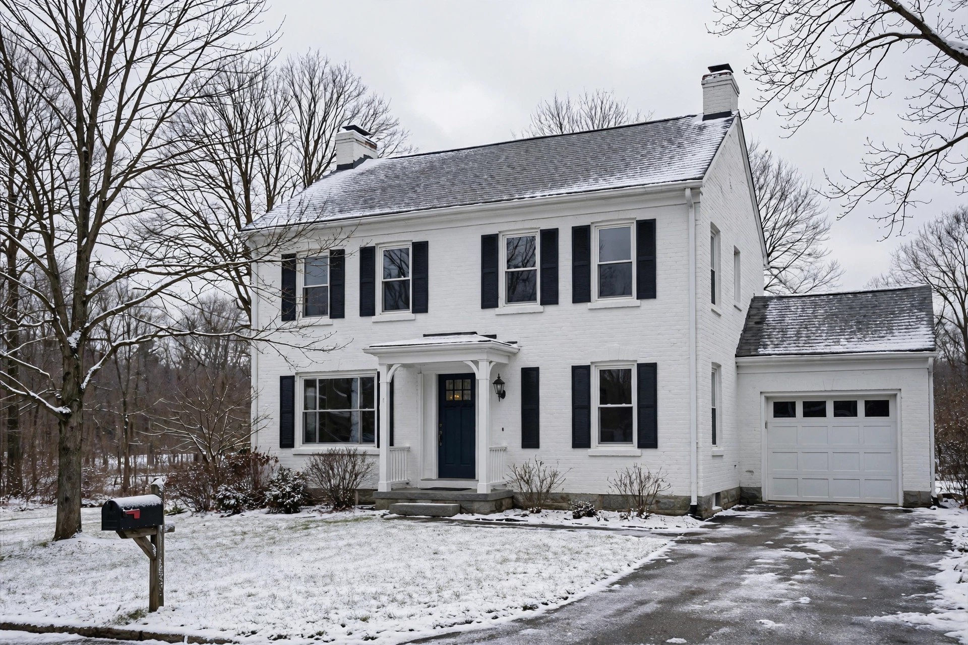 painting brick in cold climates pros cons: White painted brick house exterior in cold winter landscape