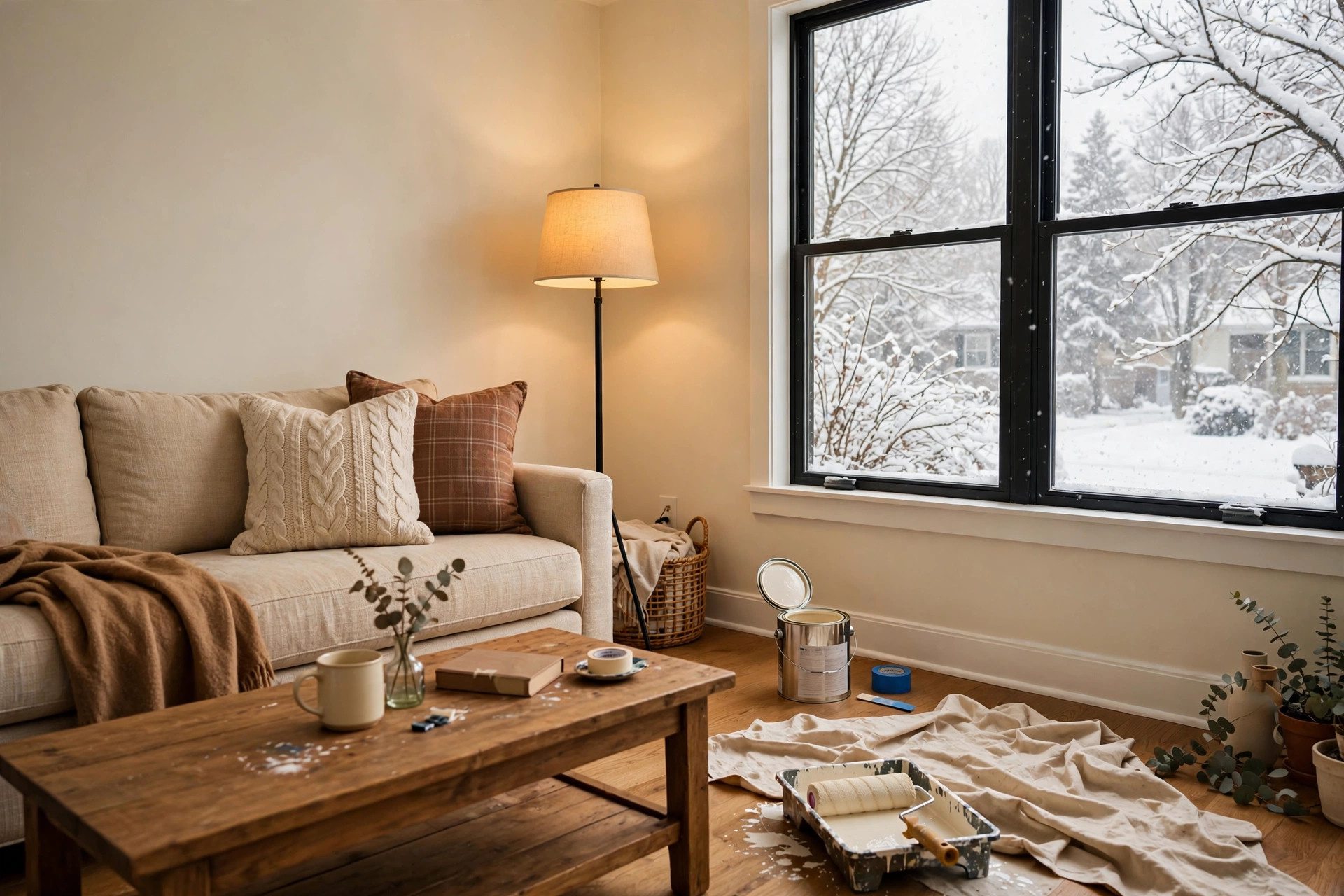 winter interior painting tips for usa homes: Freshly painted living room in a USA home during winter