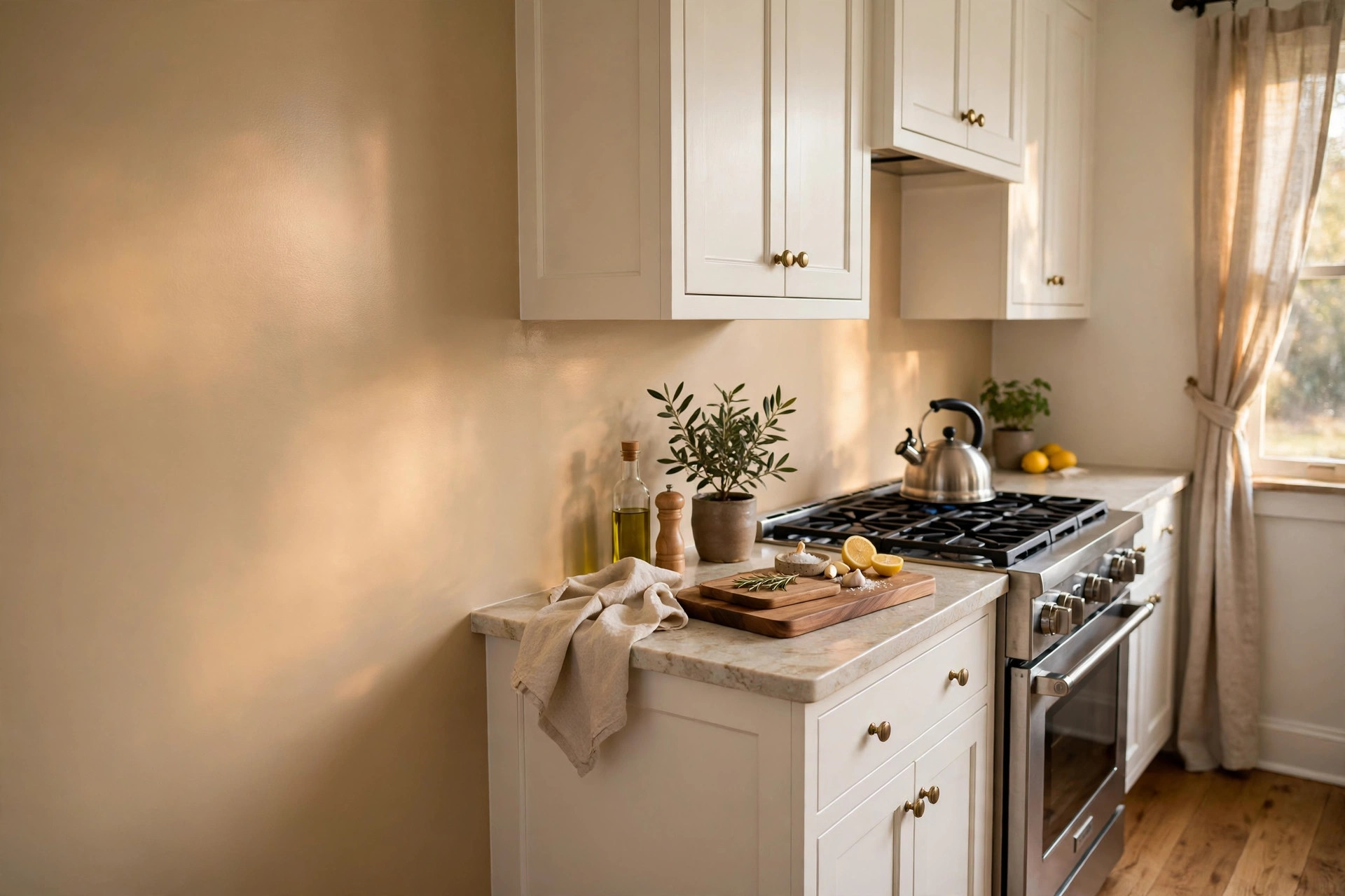 antimicrobial wall paint for kitchens usa: Freshly painted kitchen wall with antimicrobial paint in warm light