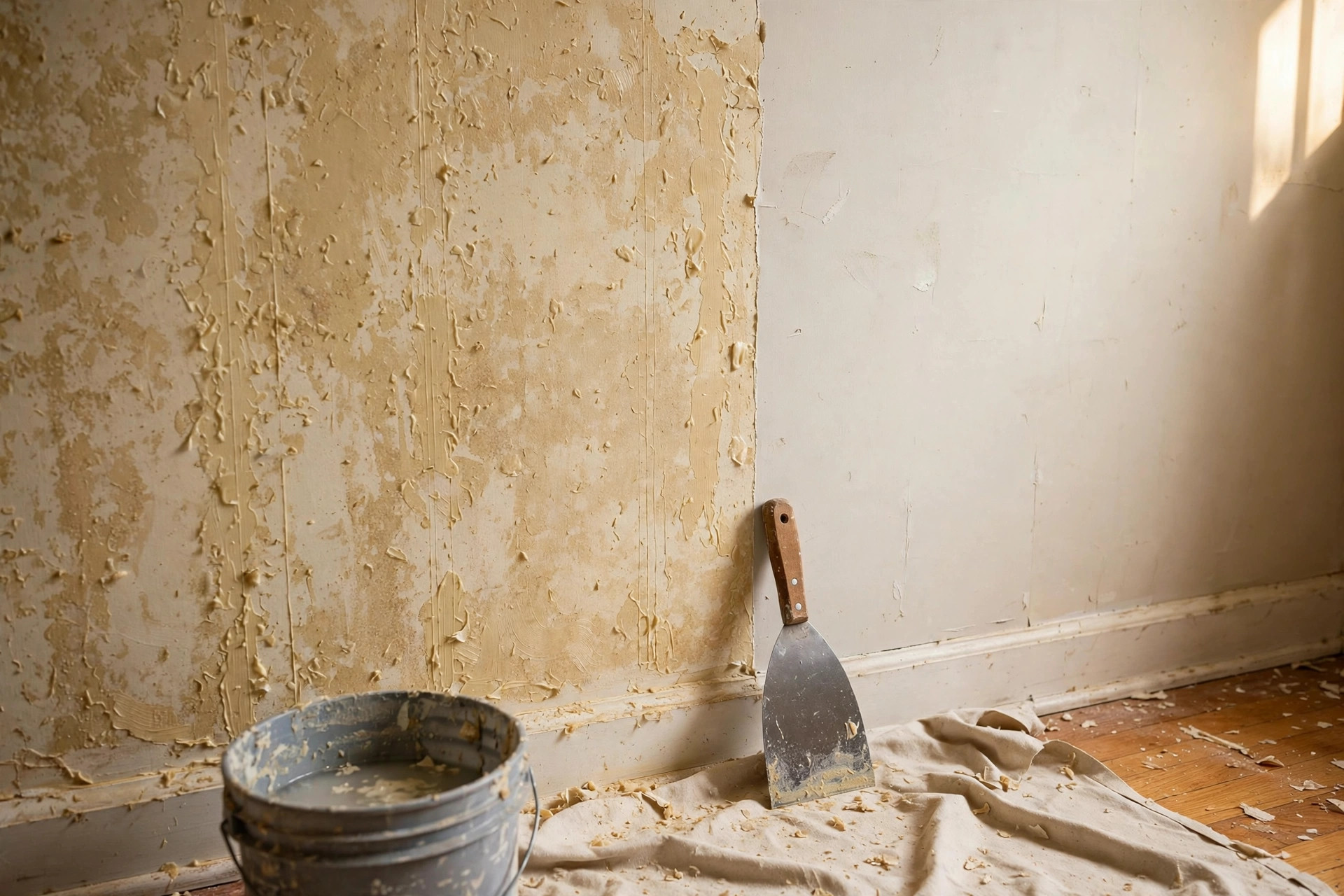 how to remove old wallpaper glue usa: Wall with old wallpaper glue being scraped away to show smooth drywall