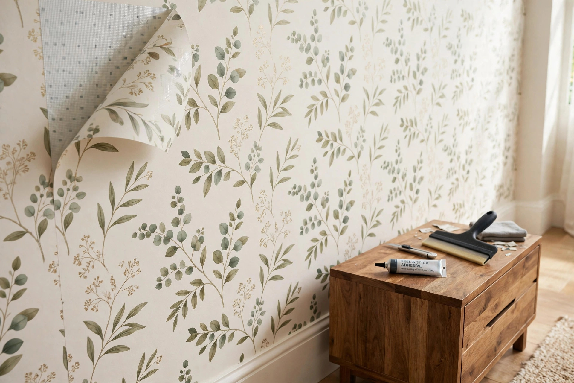 Peel and stick wallpaper on a living room wall showing the best adhesive for peel and stick wallpaper results