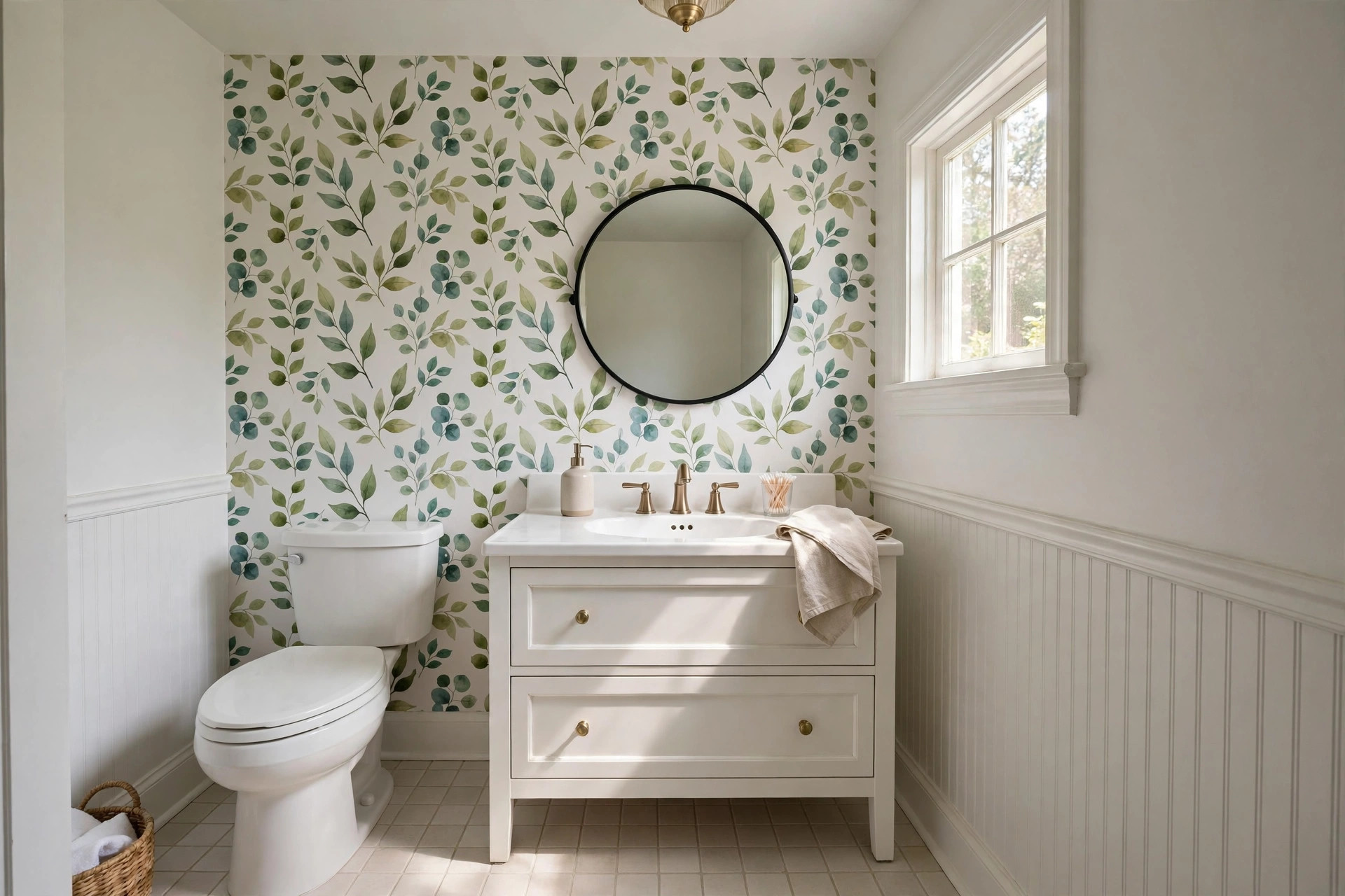 peel and stick wallpaper for small bathrooms: Peel and stick wallpaper on the wall of a small bathroom