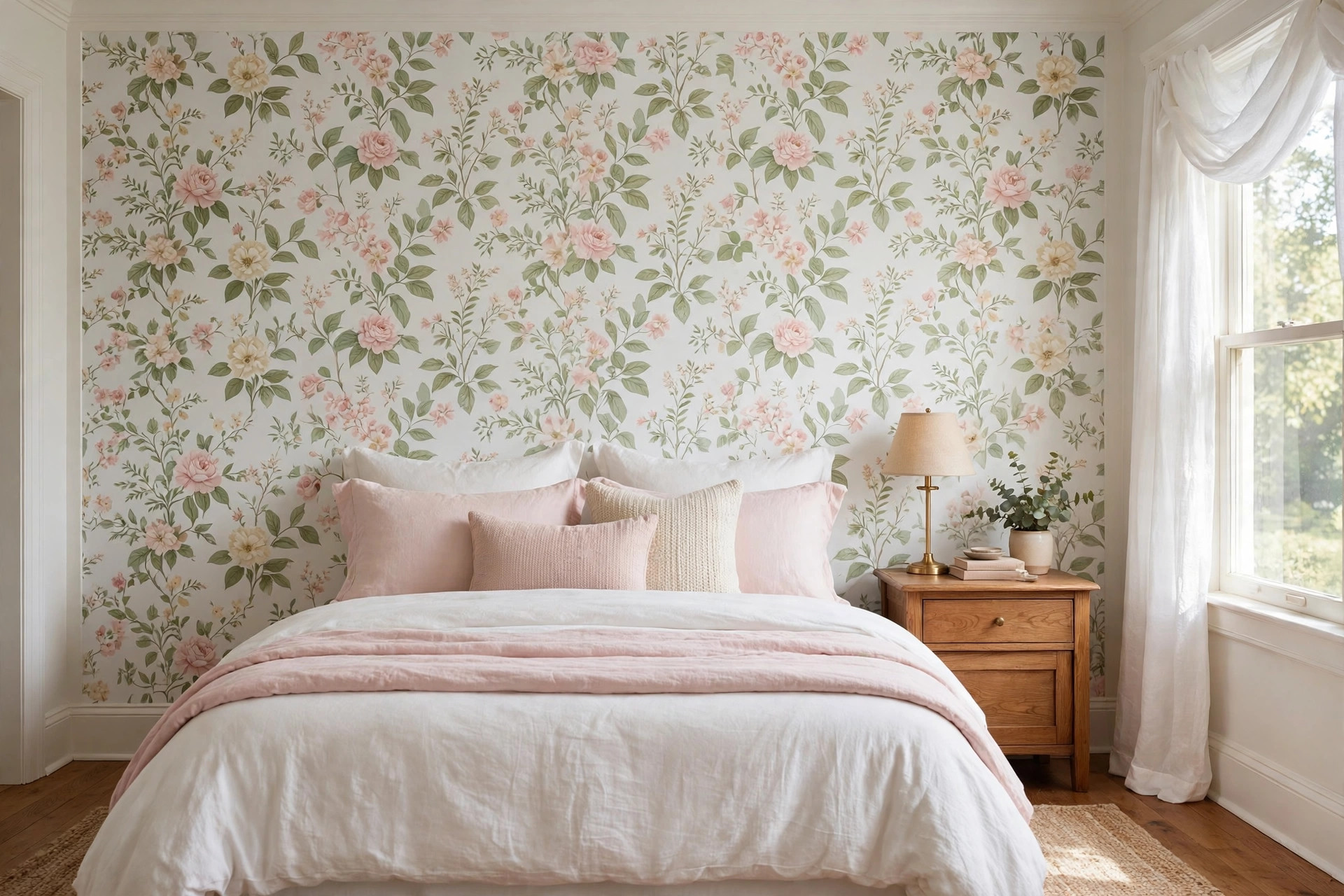 Floral wallpaper for bedroom for sale USA: bedroom wall covered in soft floral pattern