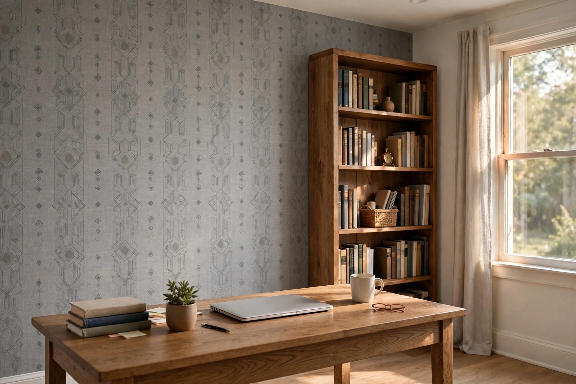 geometric wallpaper for home office usa: Geometric wallpaper for home office in a quiet American home study