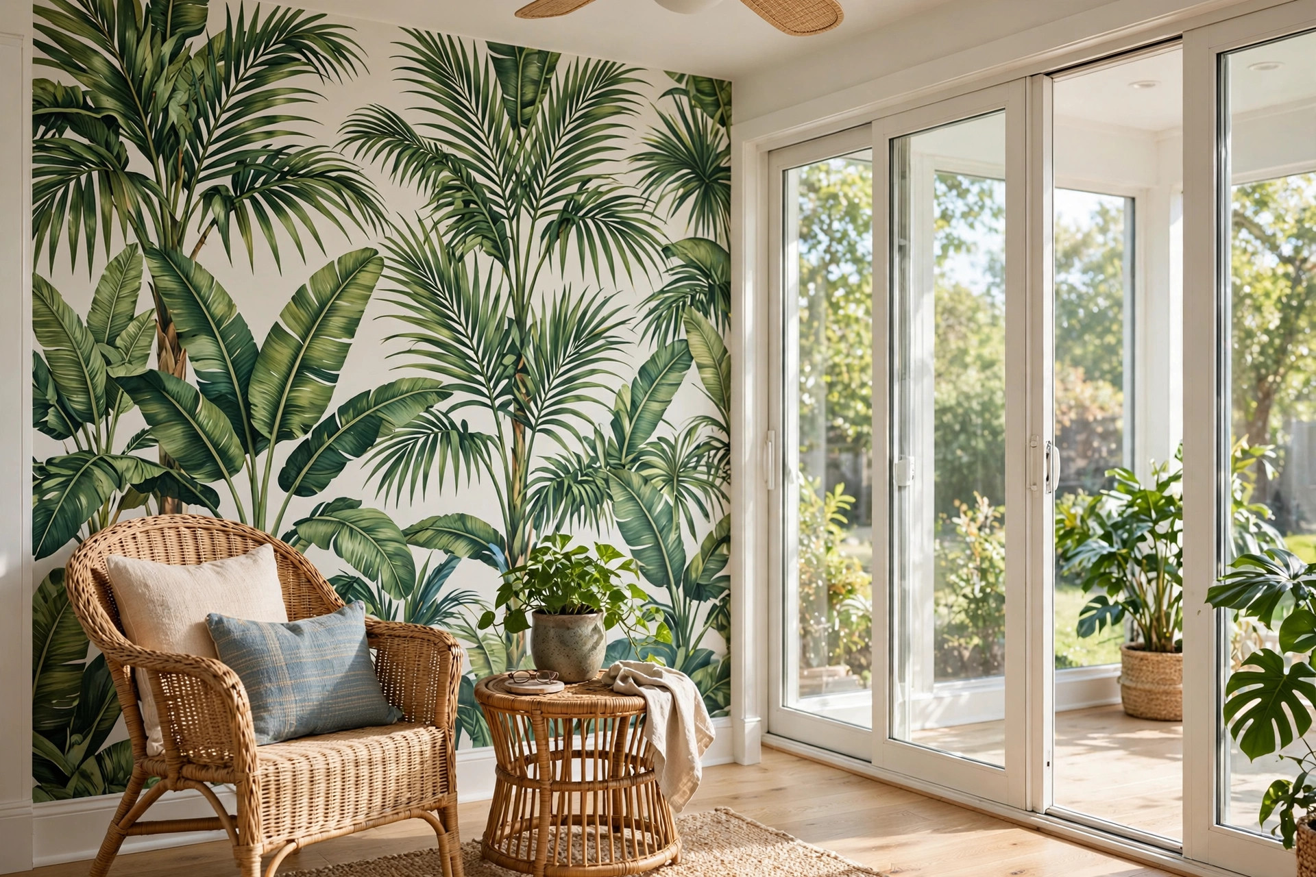 Tropical wallpaper for sunroom reviews usa — palm leaf print in a bright sunroom