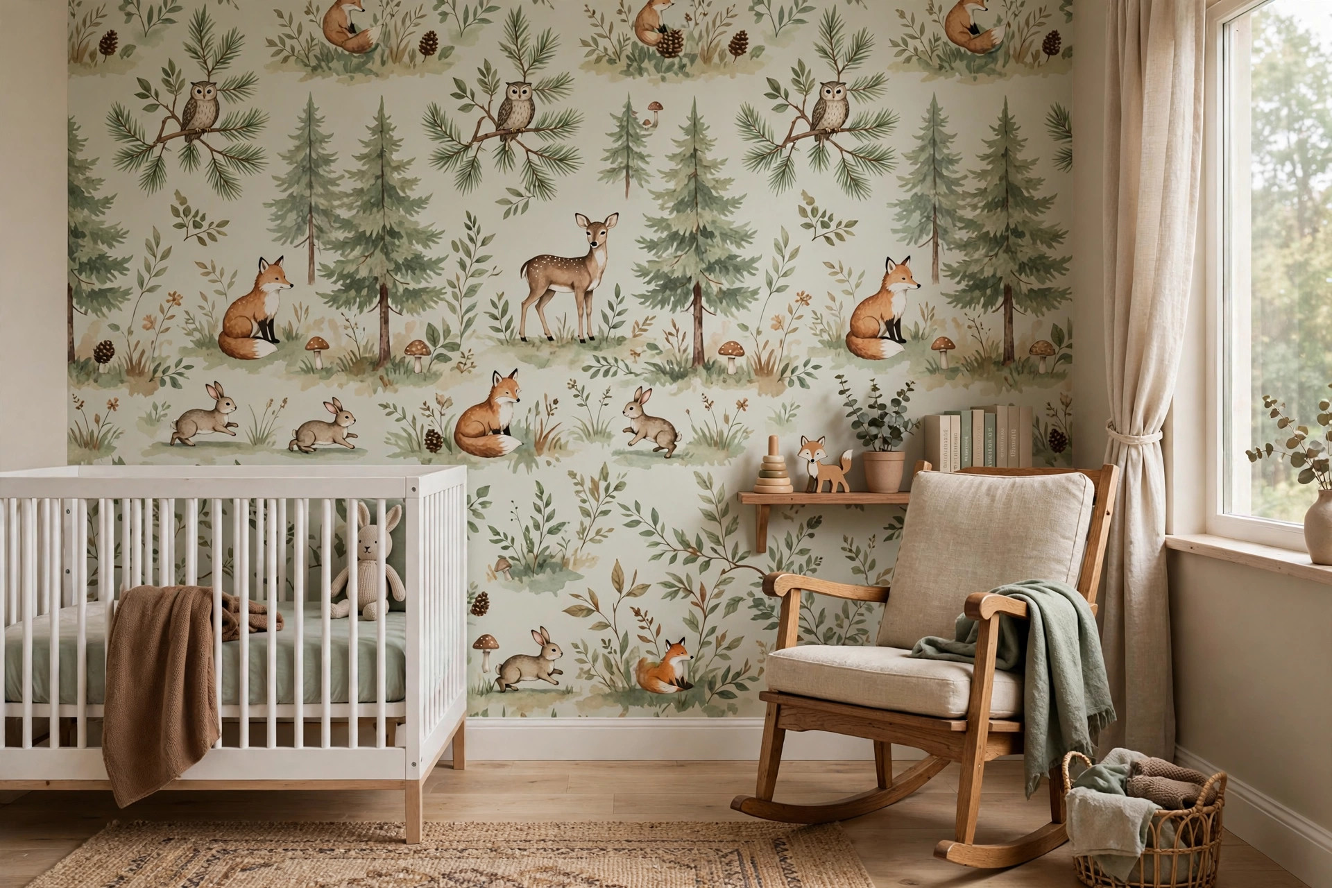 woodland nursery wallpaper for sale usa: Woodland nursery wallpaper with pine trees and animals on a nursery wall