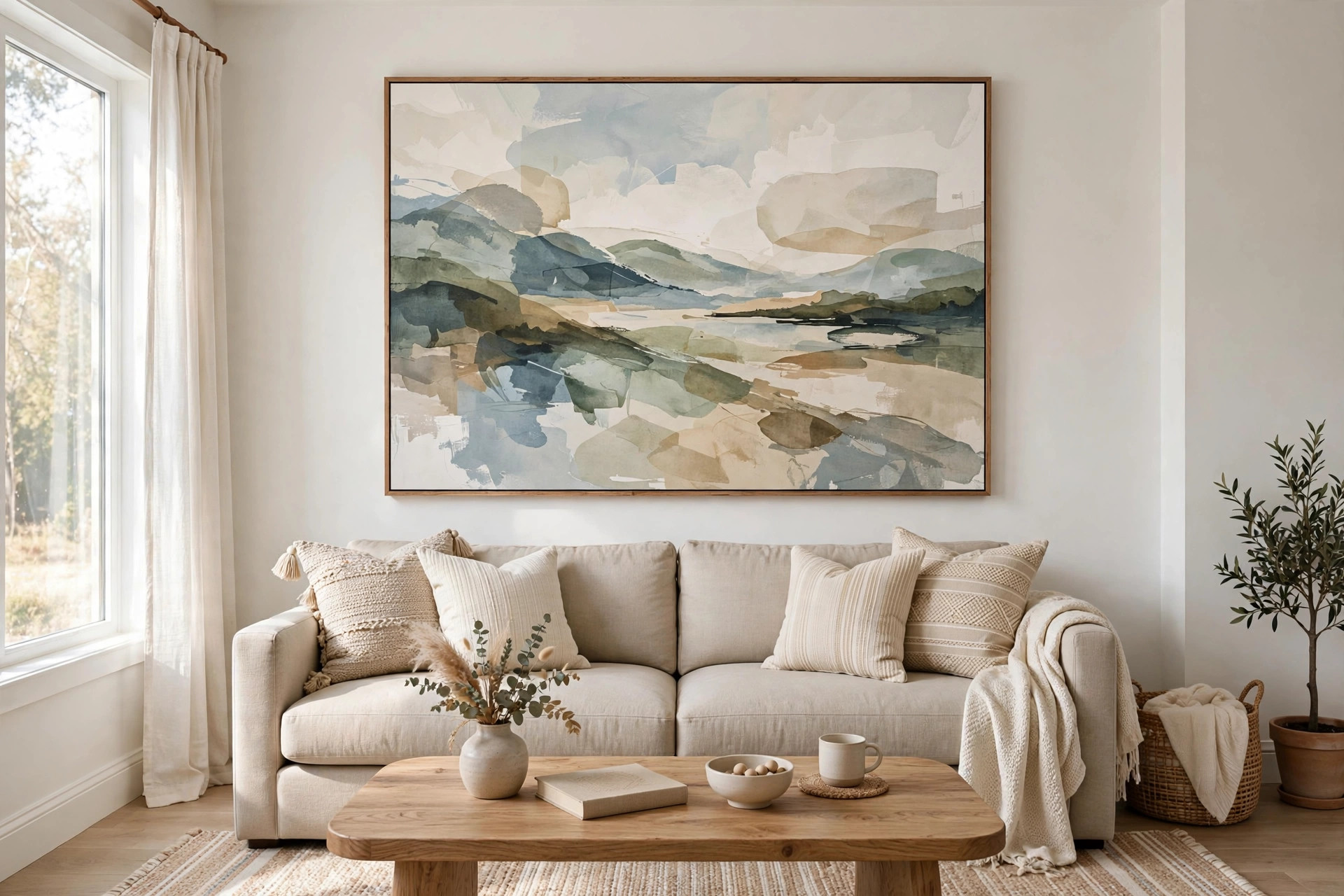 Large wall art for living room for sale hanging above a sofa in a bright American living room