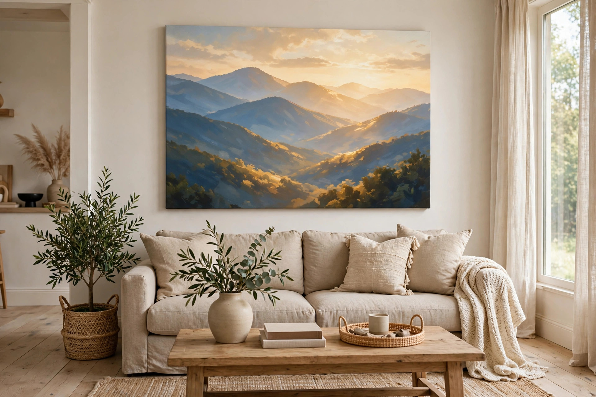 oversized canvas art above sofa usa: A large canvas print hanging above a sofa in an American living room