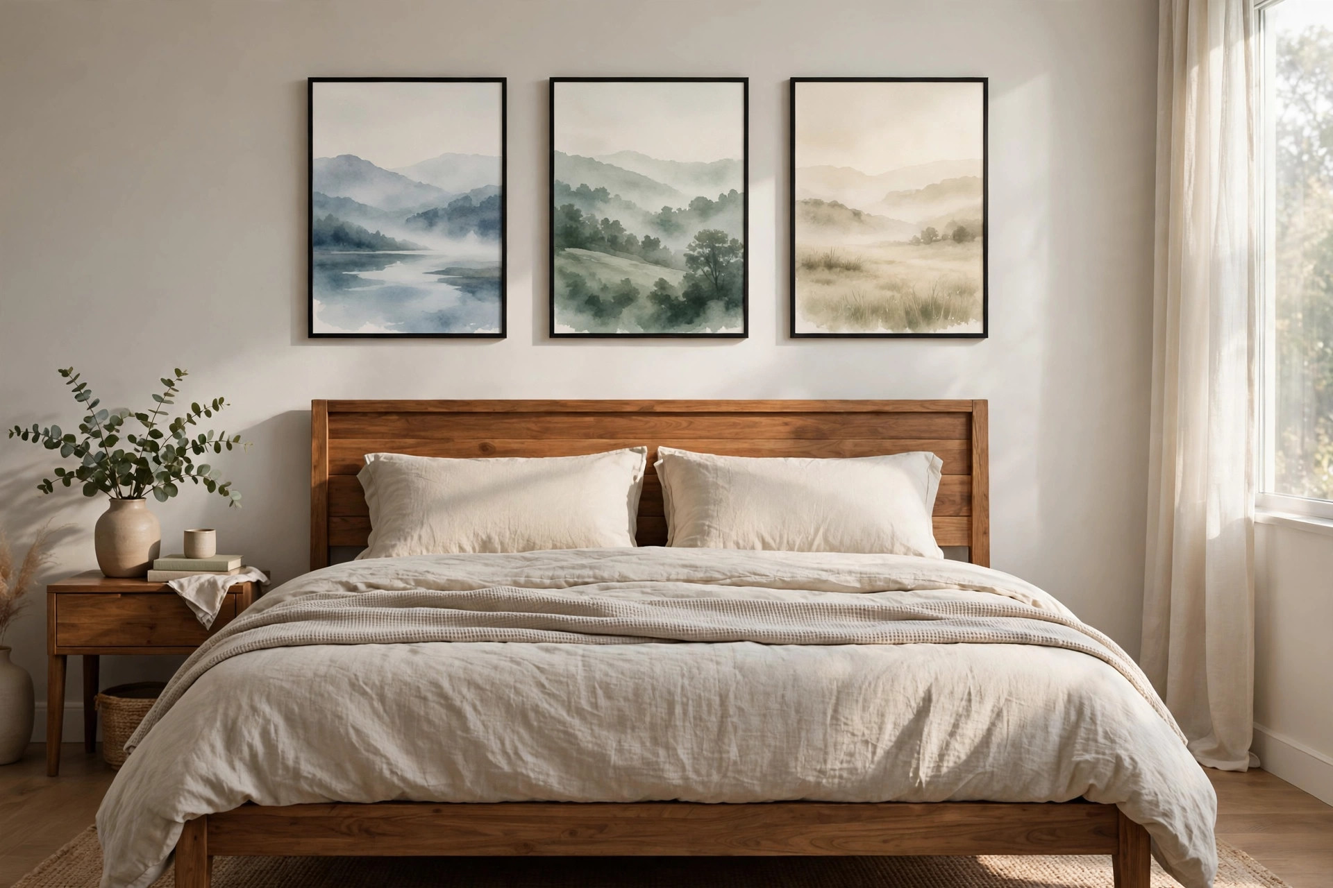 framed wall art sets for bedroom usa: Framed wall art sets for bedroom above the bed in a calm American bedroom