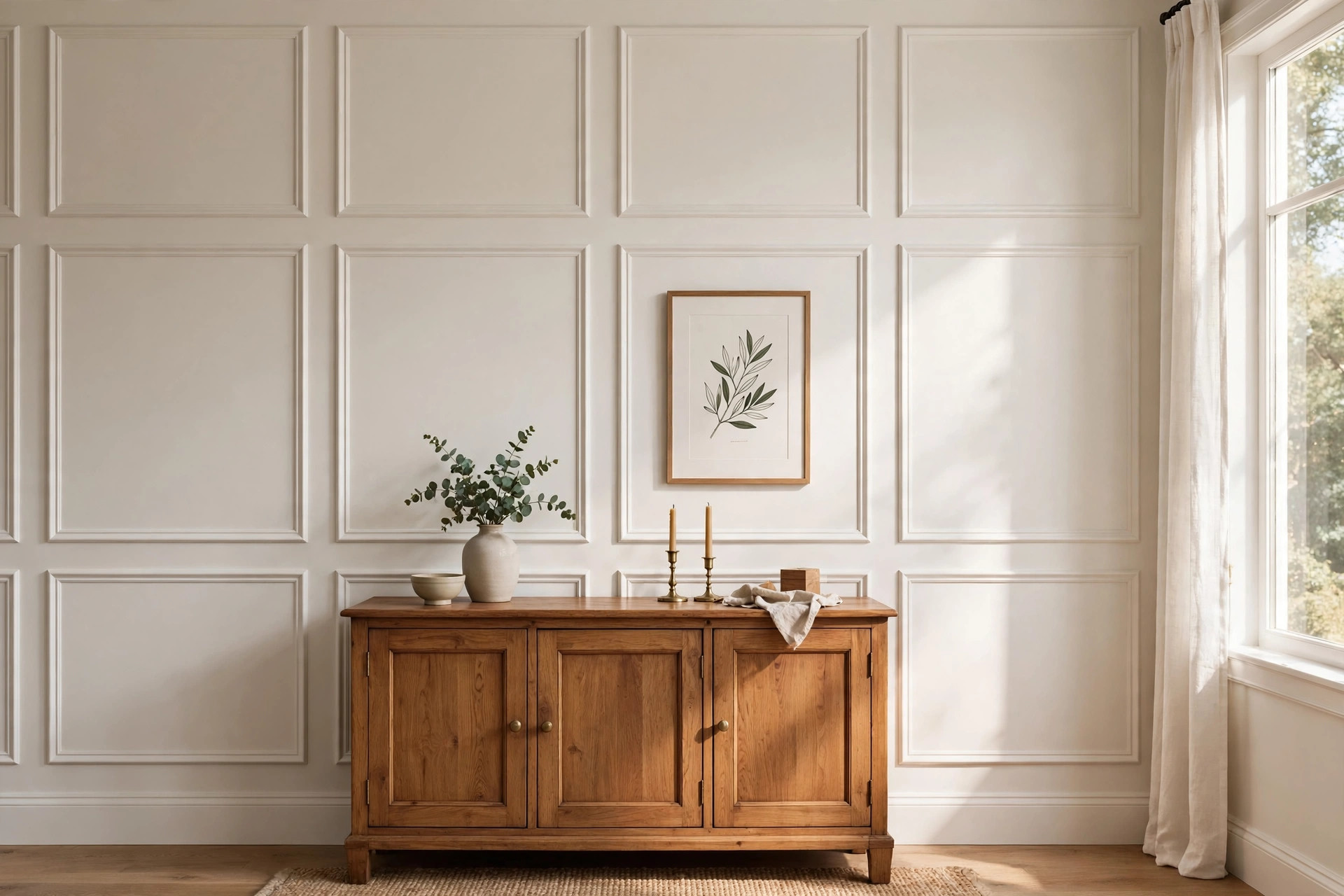 picture frame molding installation cost usa: White picture frame molding on a dining room wall in a US home