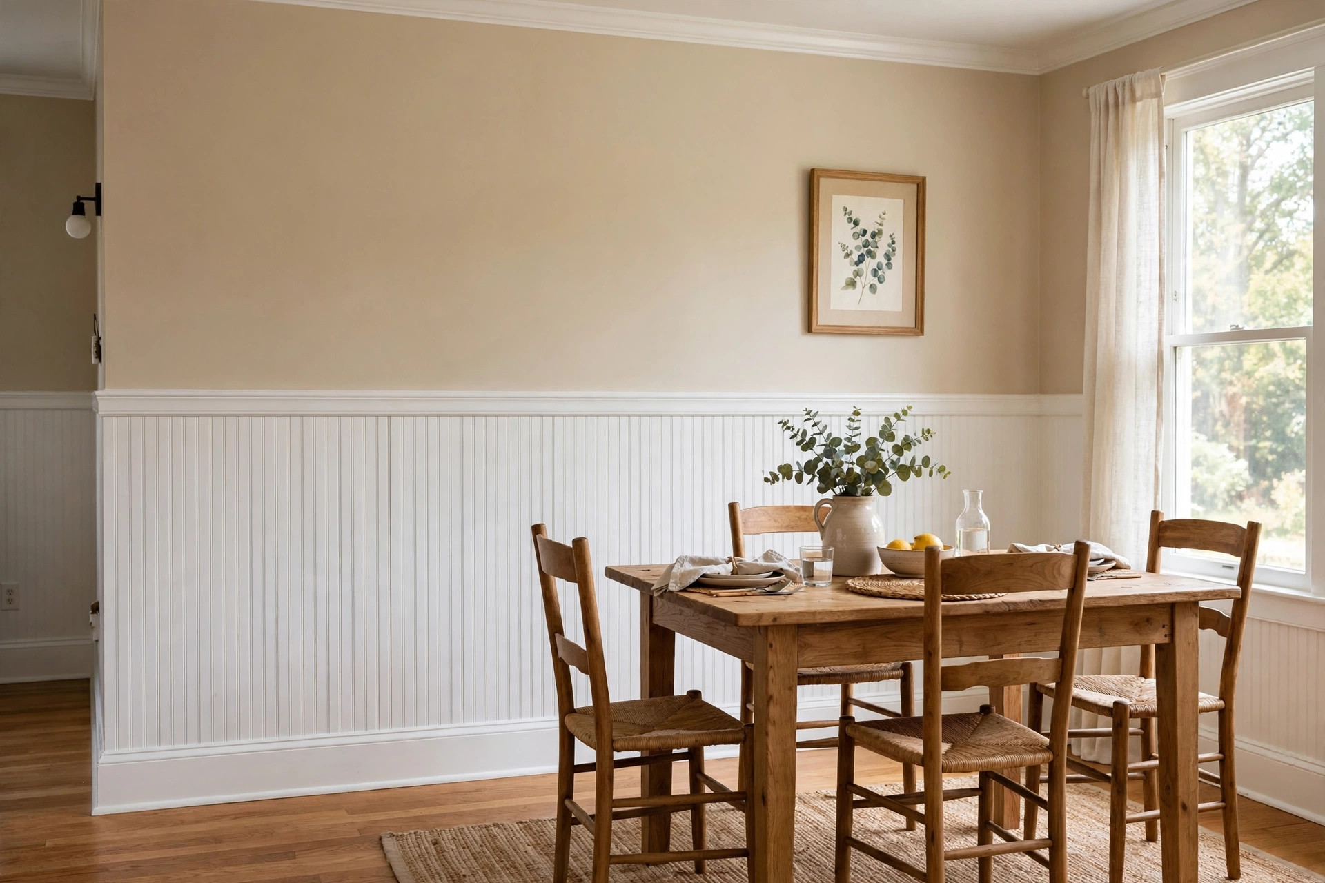 A beadboard wainscoting wall in a bright American dining room showing the beadboard installation cost per square foot